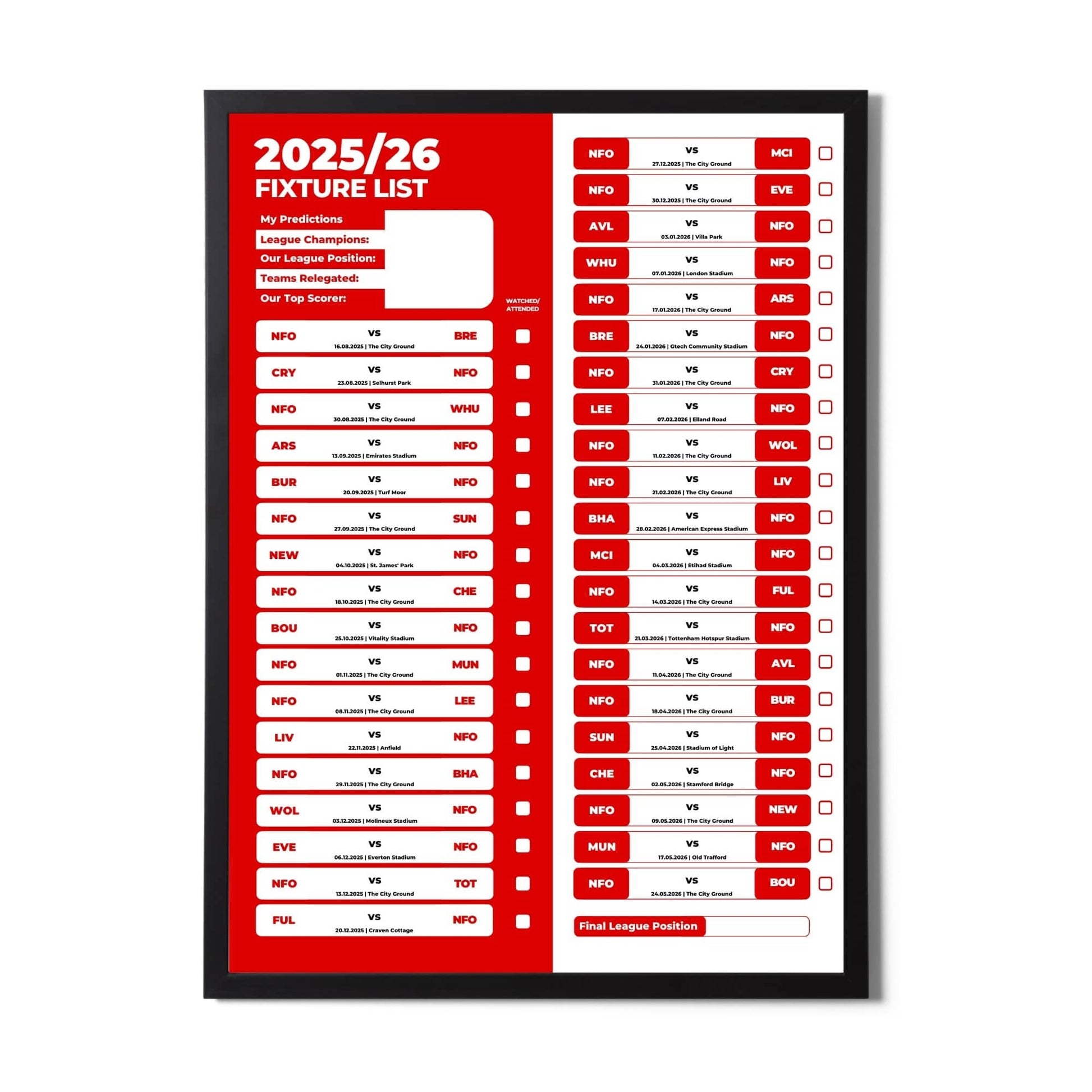 Premier League Clubs - 2025/26 Football Fixture Poster - A3 Size (29.7x42cm)