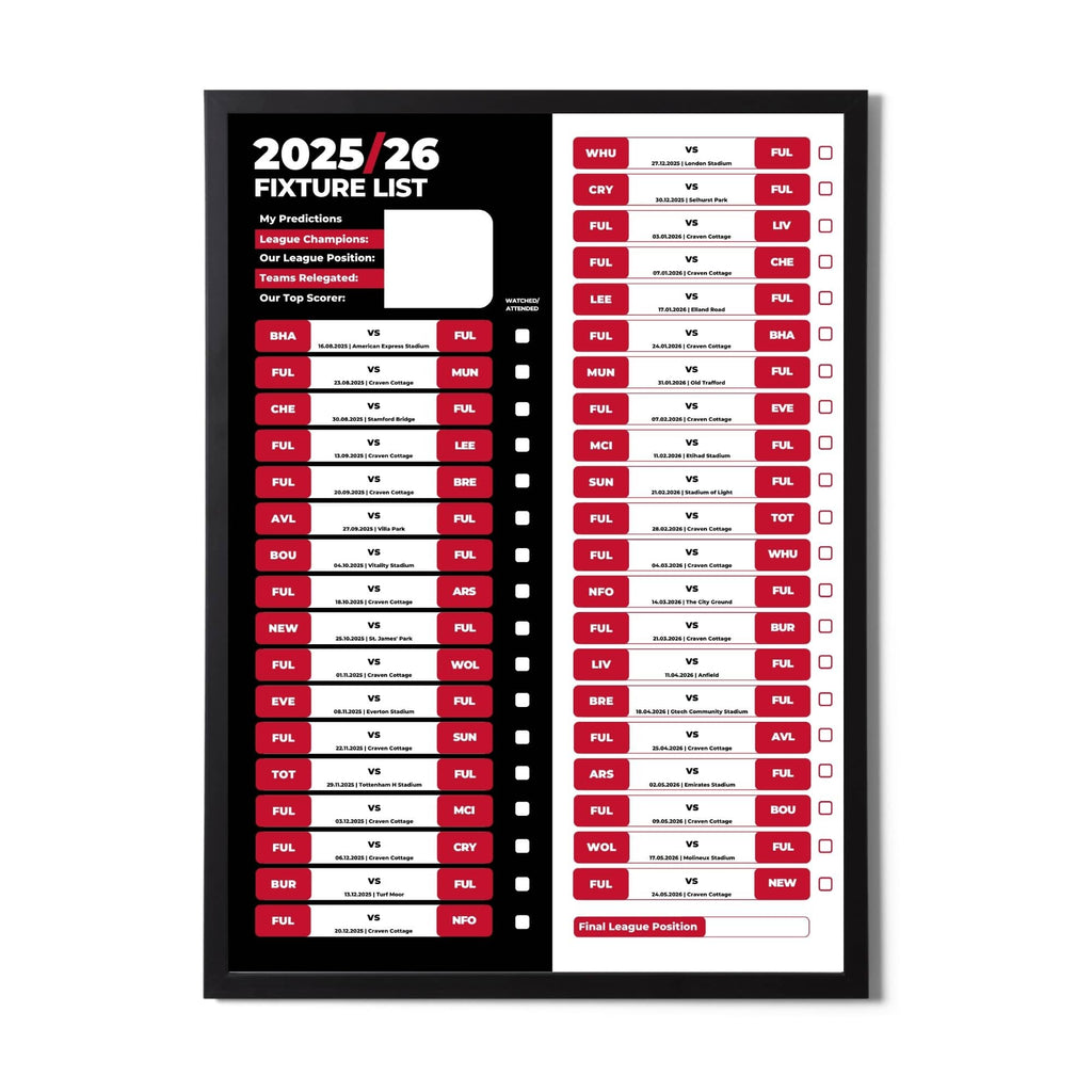 Premier League Clubs - 2025/26 Football Fixture Poster - A3 Size (29.7x42cm)