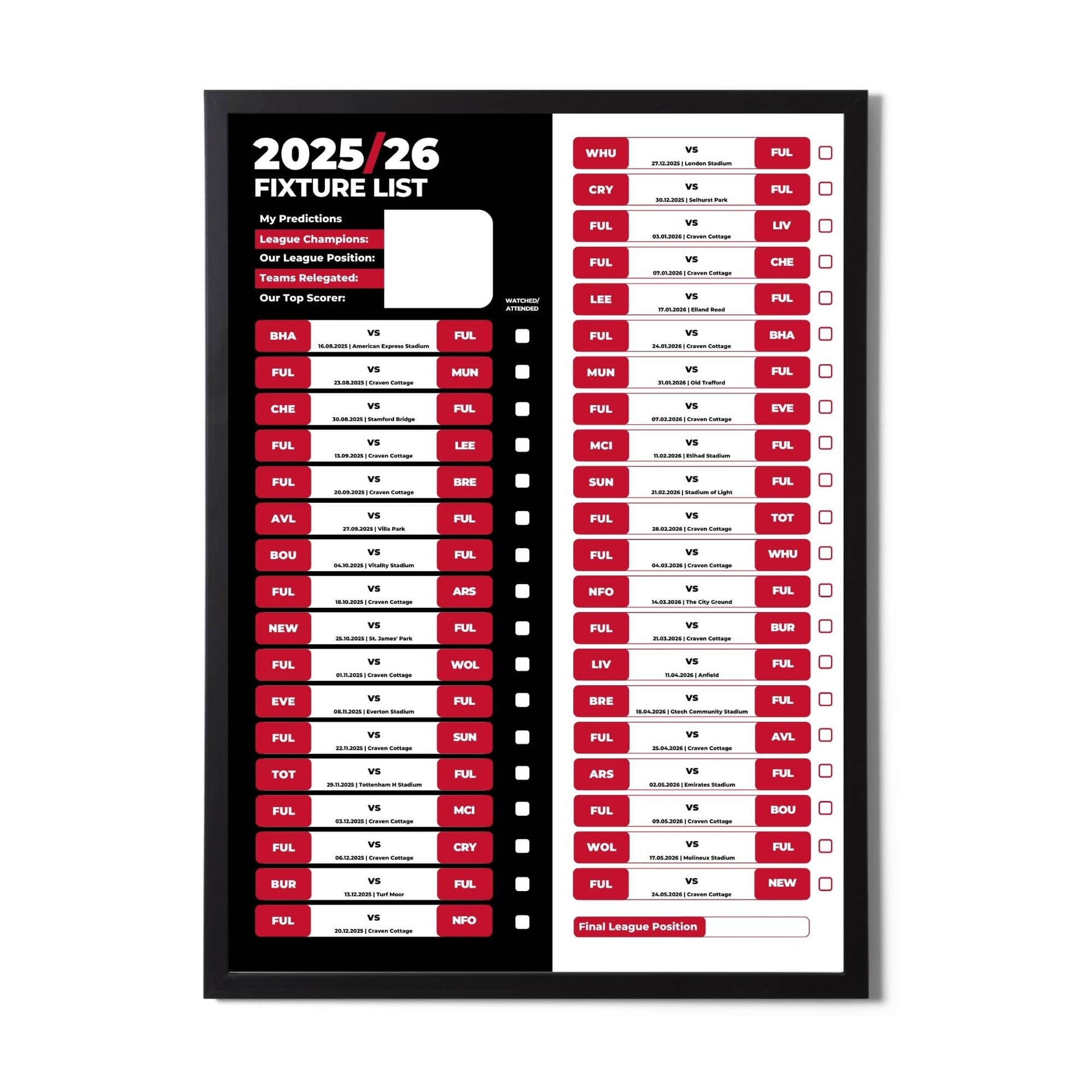 Premier League Clubs - 2025/26 Football Fixture Poster - A3 Size (29.7x42cm)