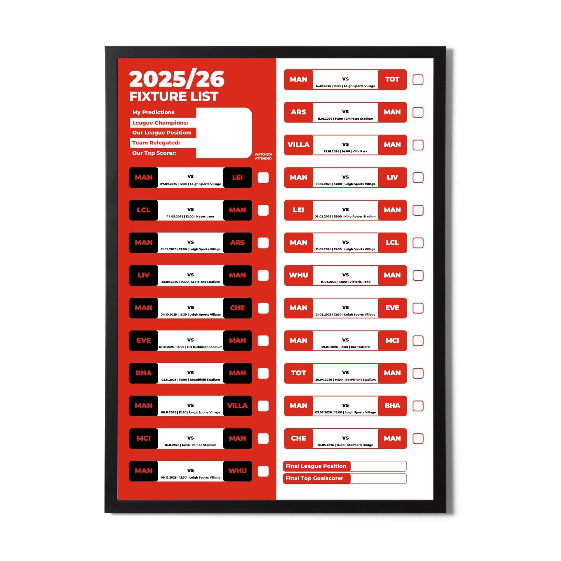 Women's Super League Clubs - 2025/26 Football Fixture Poster - A3 Size (29.7x42cm)