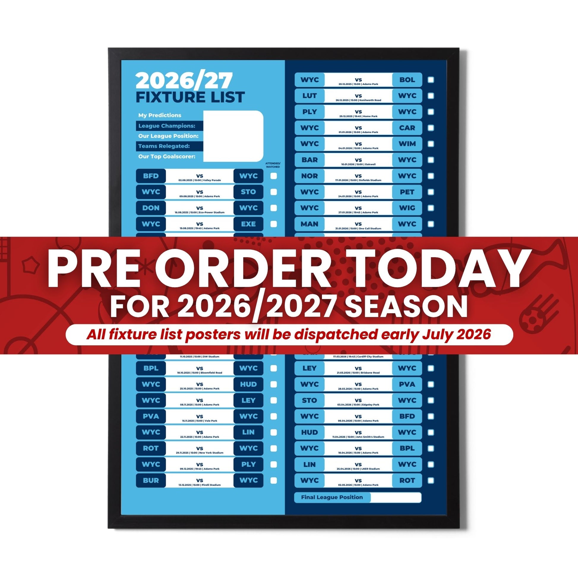 League 1 Clubs - 2026/27 Football Fixture Poster - Multiple Sizes