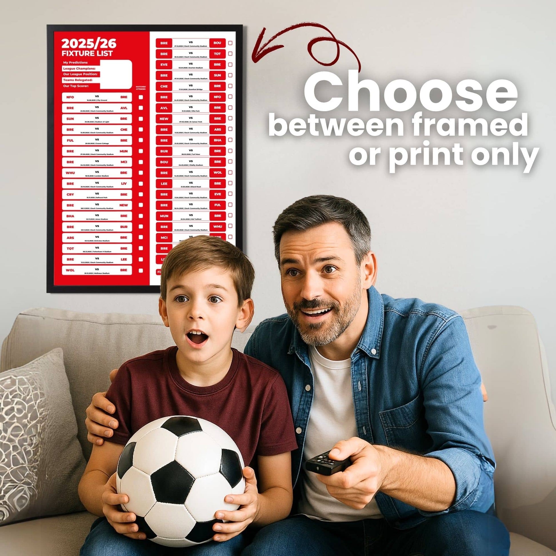 Premier League Clubs - 2025/26 Football Fixture Poster - A3 Size (29.7x42cm)