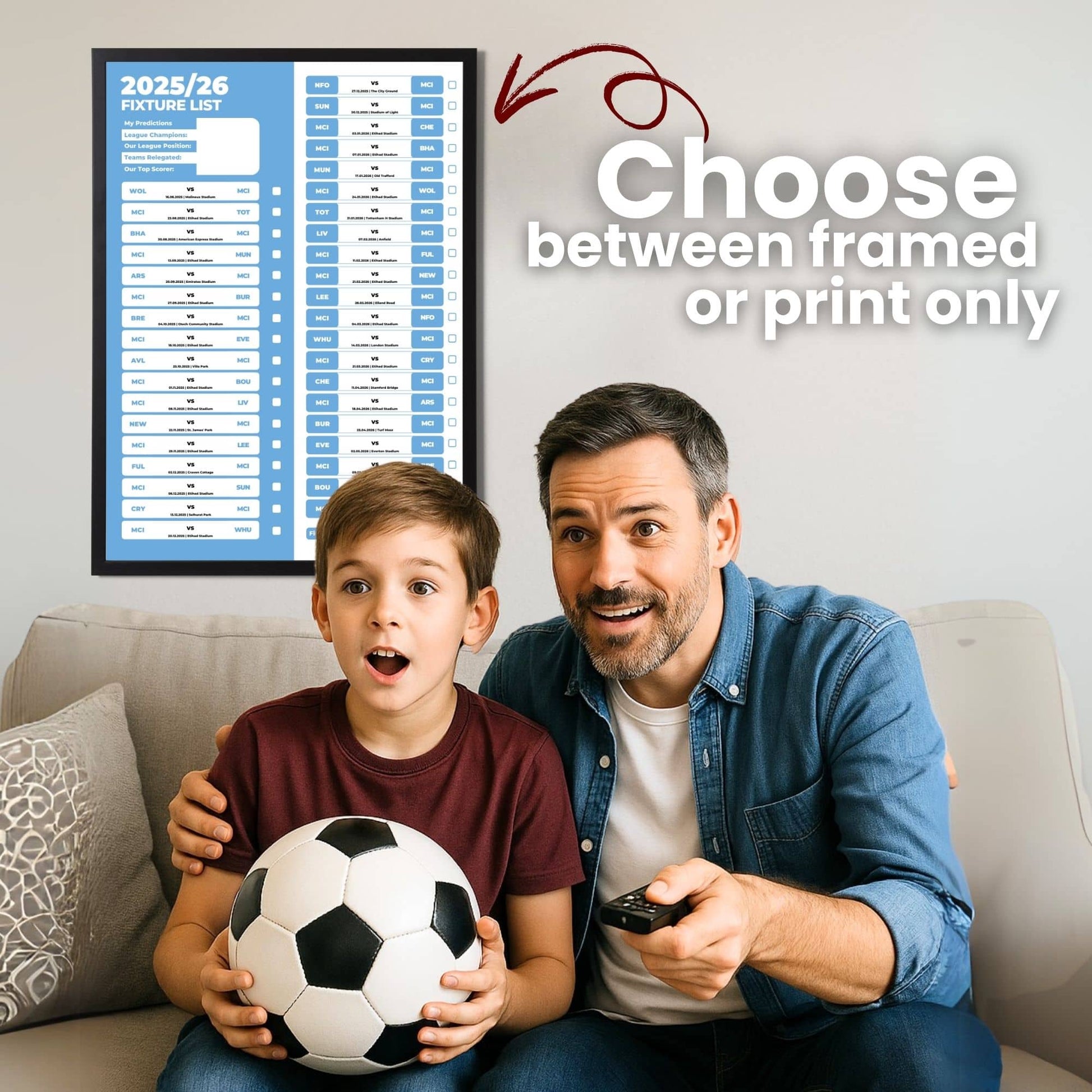 Premier League Clubs - 2025/26 Football Fixture Poster - A3 Size (29.7x42cm)