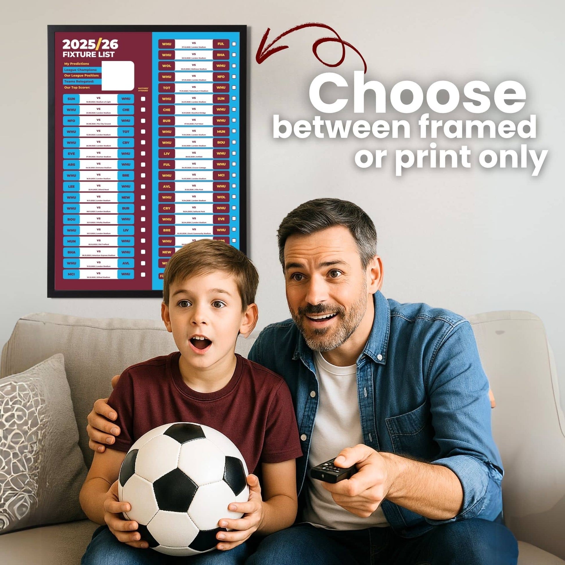 Premier League Clubs - 2025/26 Football Fixture Poster - A3 Size (29.7x42cm)