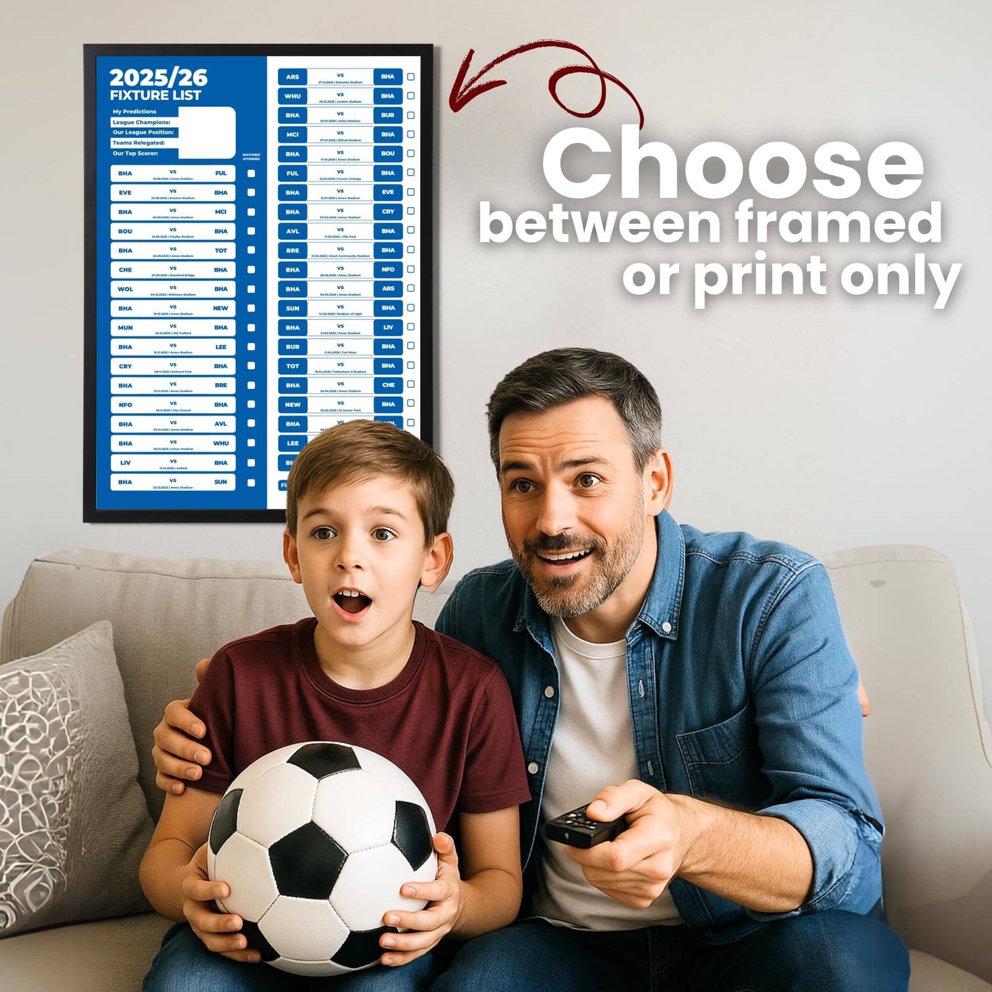 Premier League Clubs - 2025/26 Football Fixture Poster - A3 Size (29.7x42cm)