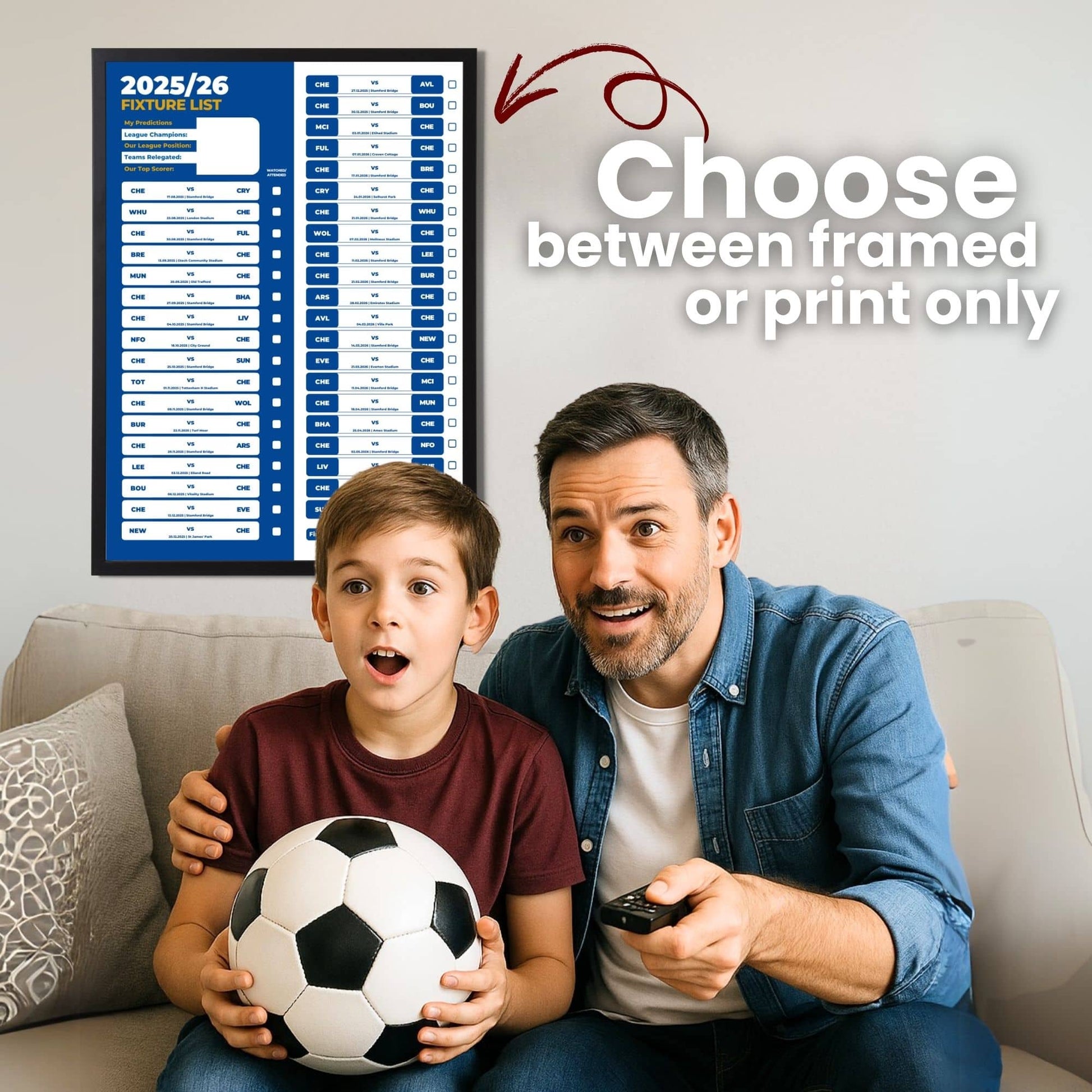 Premier League Clubs - 2025/26 Football Fixture Poster - A3 Size (29.7x42cm)