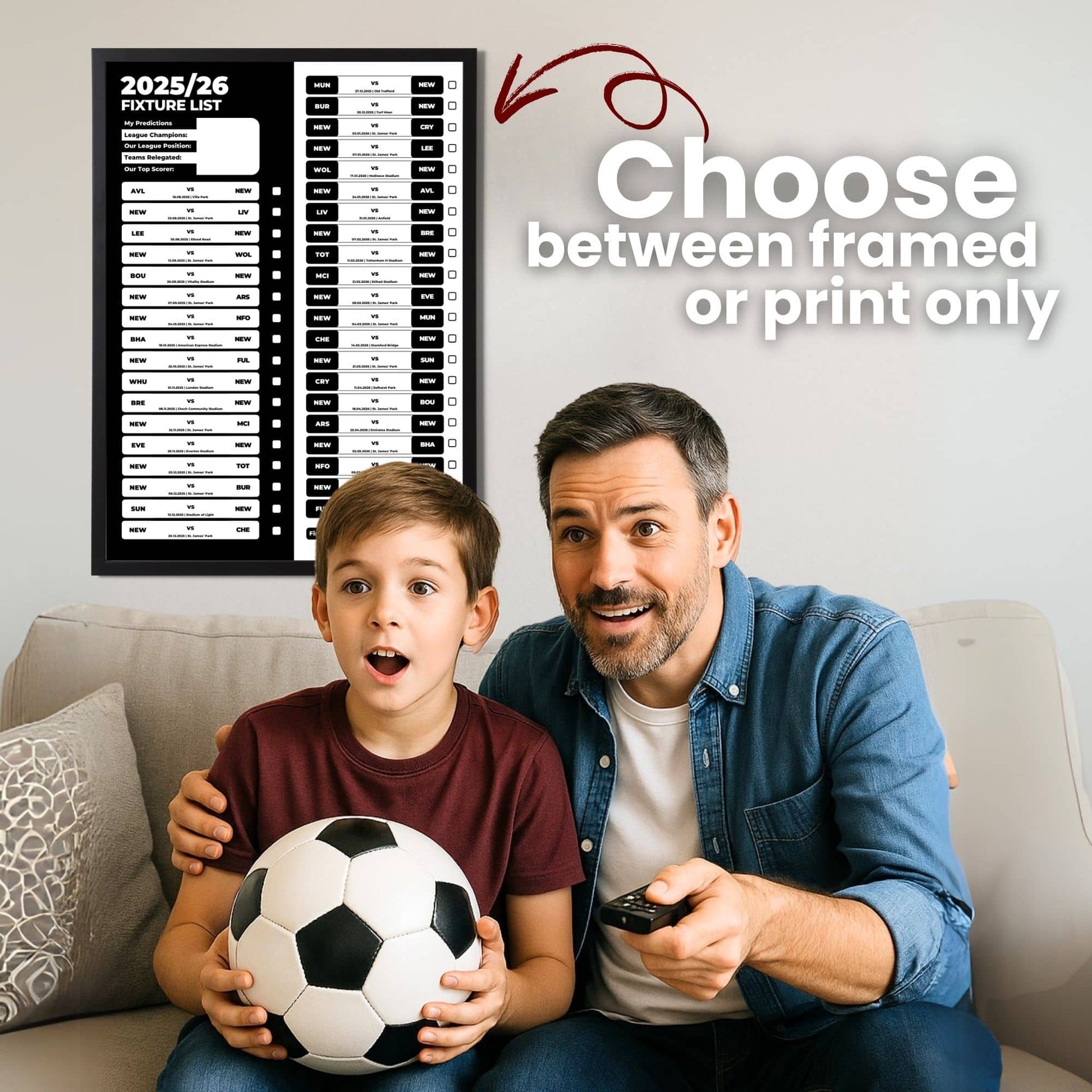 Premier League Clubs - 2025/26 Football Fixture Poster - A3 Size (29.7x42cm)