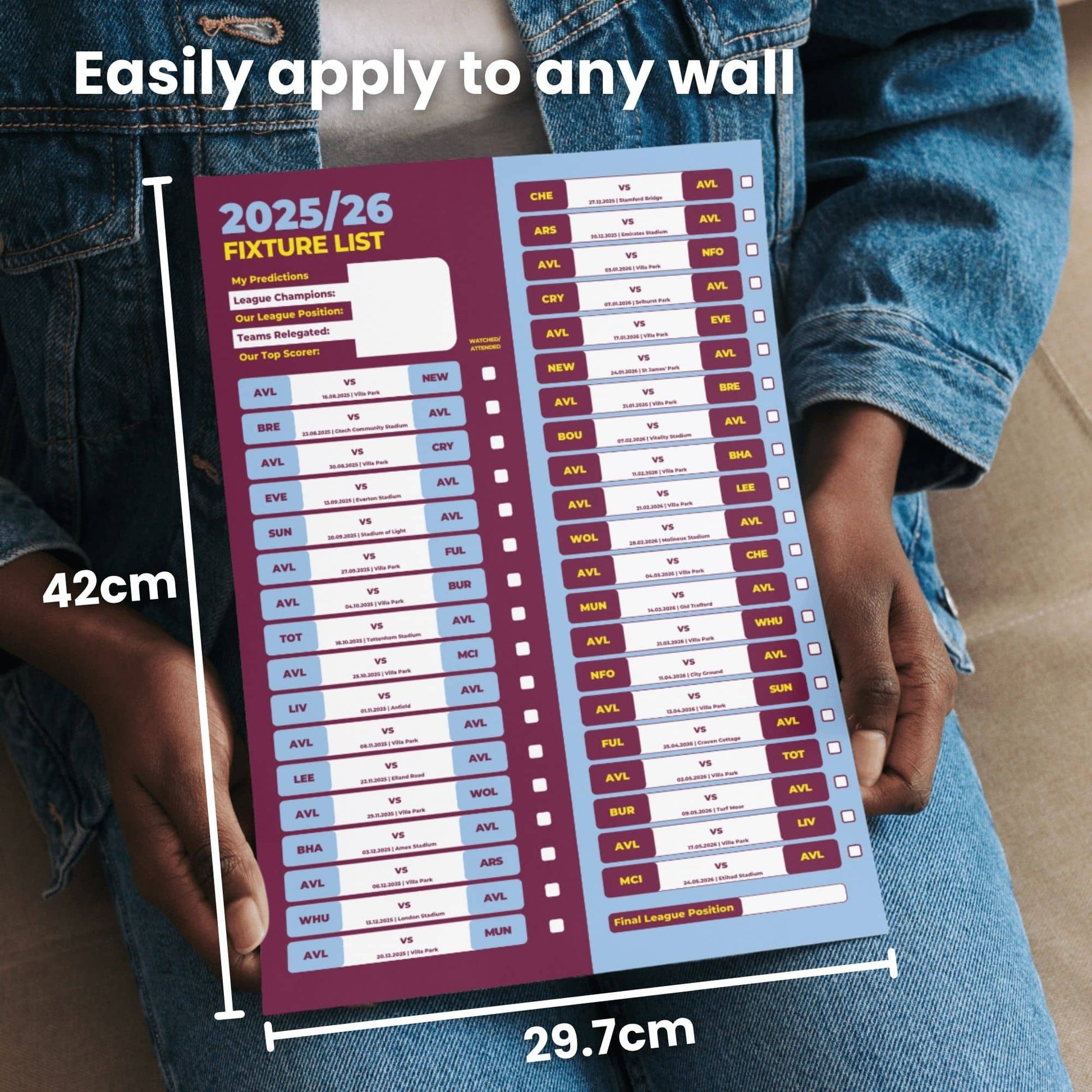 Premier League Clubs - 2025/26 Football Fixture Poster - A3 Size (29.7x42cm)