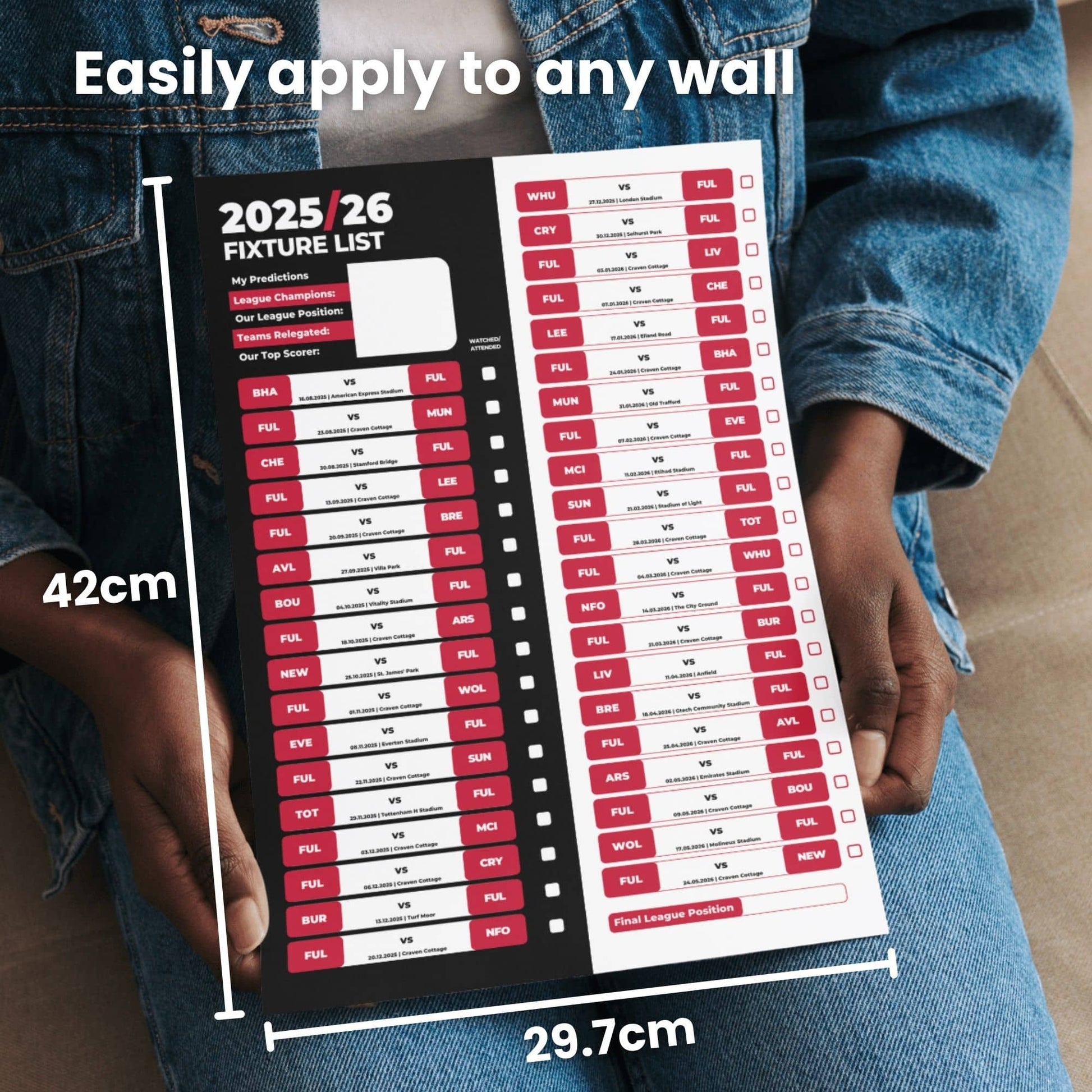 Premier League Clubs - 2025/26 Football Fixture Poster - A3 Size (29.7x42cm)