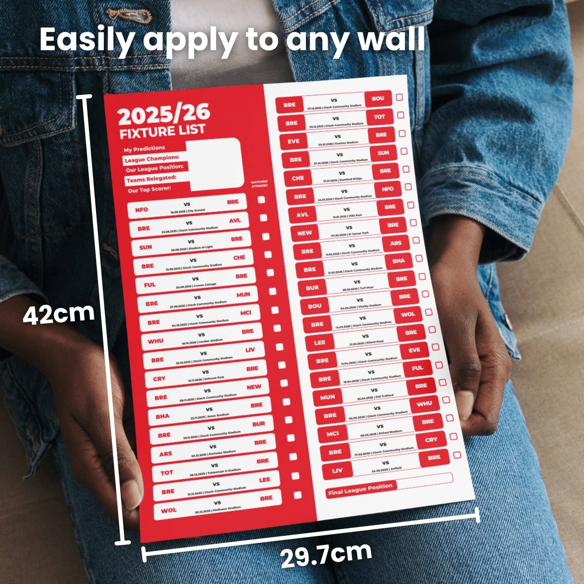 Premier League Clubs - 2025/26 Football Fixture Poster - A3 Size (29.7x42cm)
