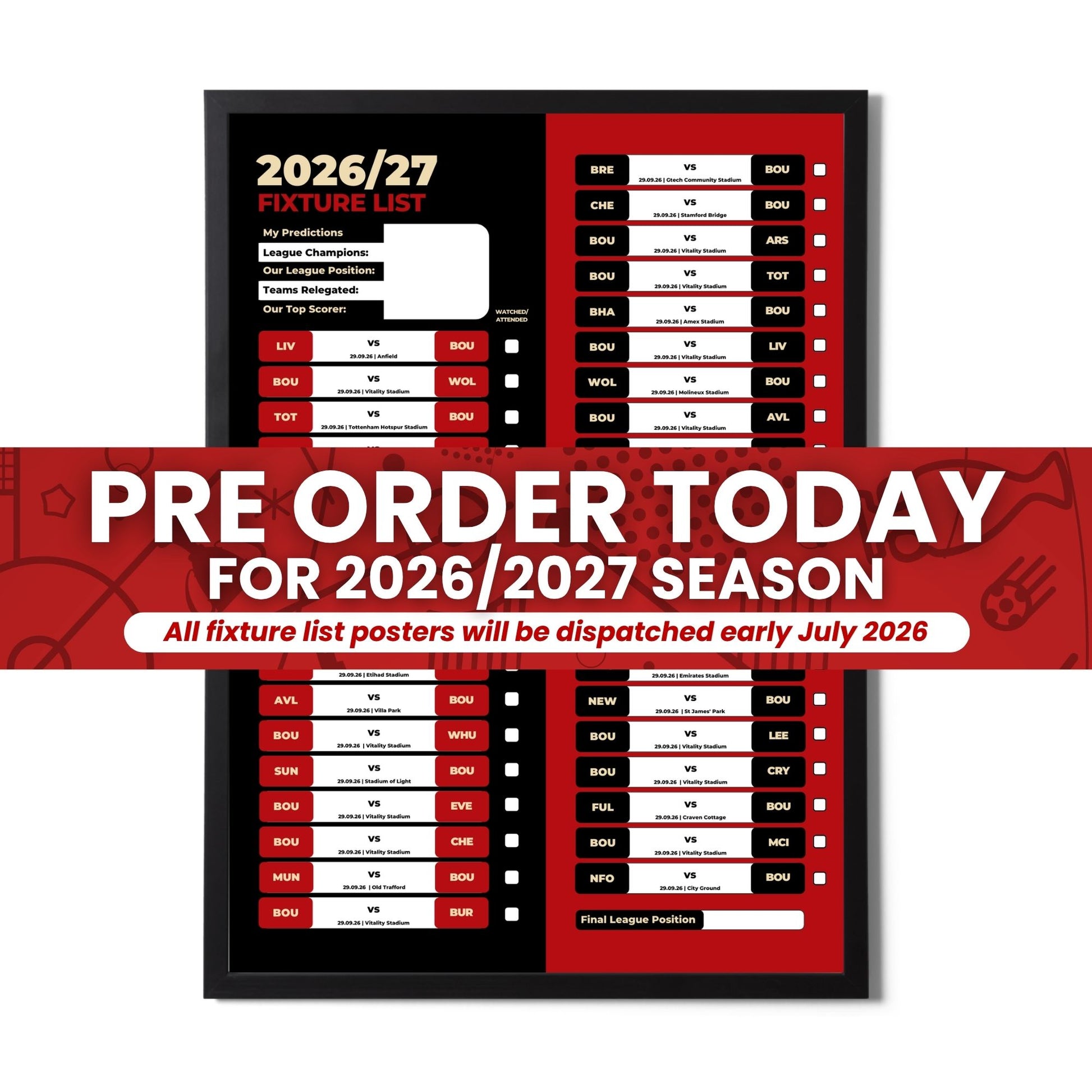 Pre Order Premier League Clubs - 2026/27 Fixture Poster