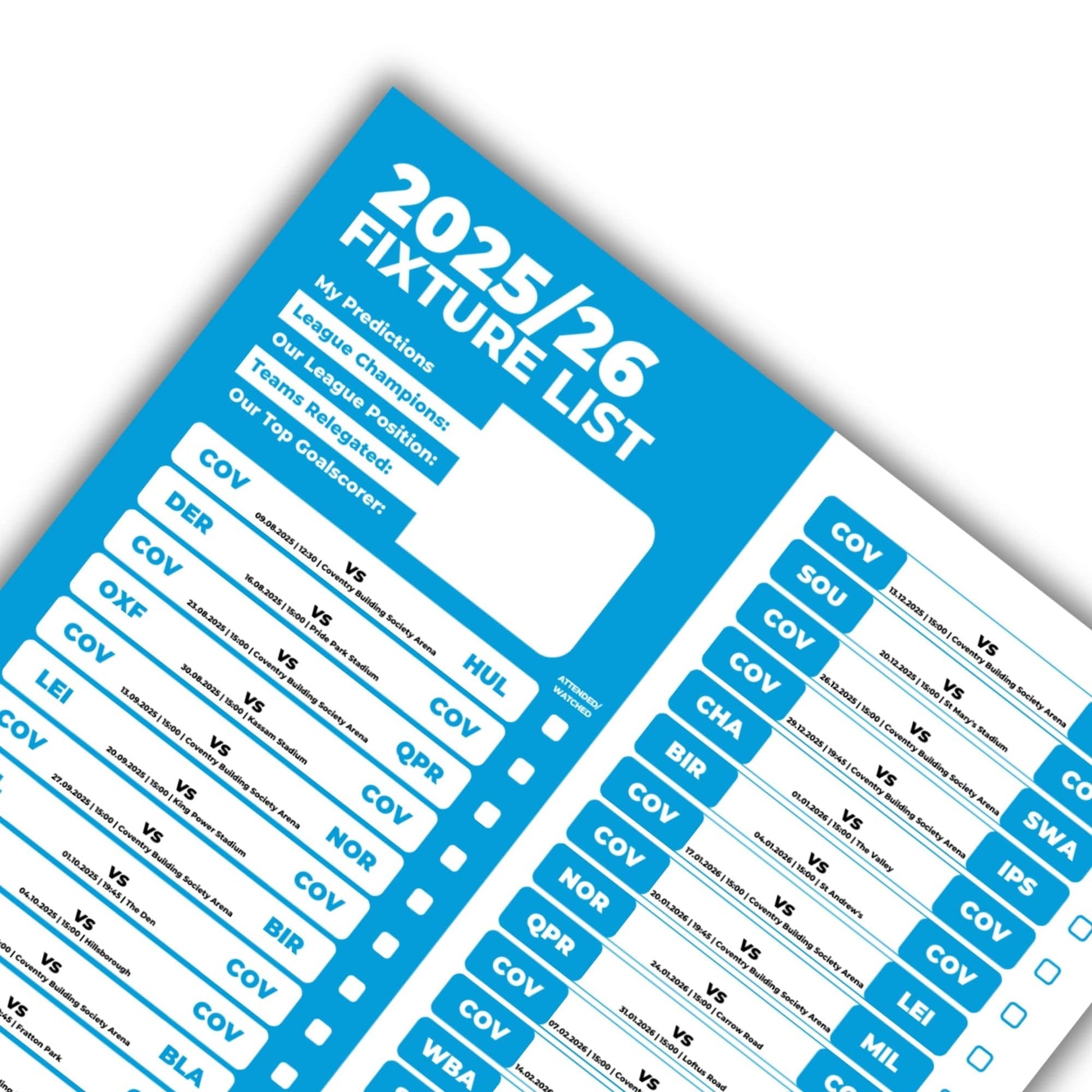 Championship Clubs - 2025/26 Football Fixture Poster - A3 Size (29.7x42cm)