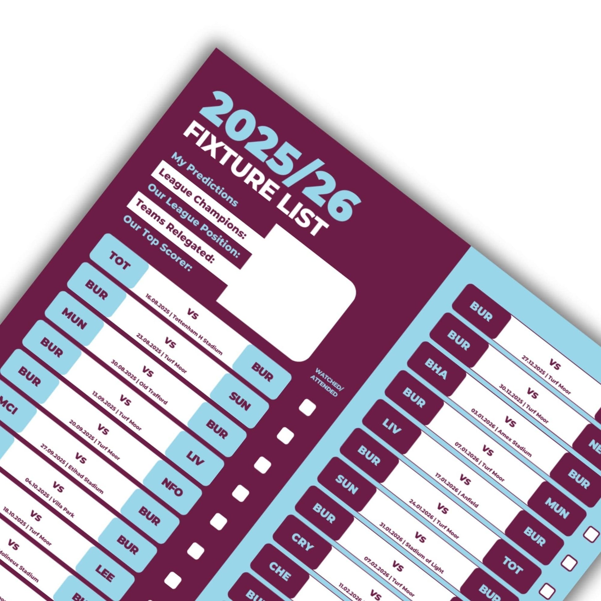 Premier League Clubs - 2025/26 Football Fixture Poster - A3 Size (29.7x42cm)