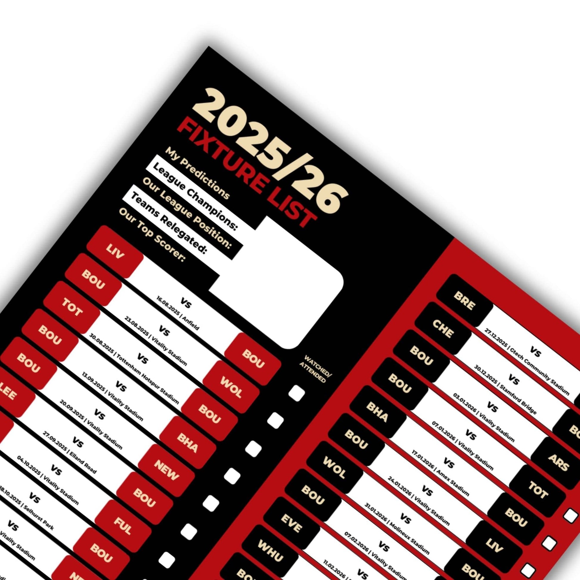 Premier League Clubs - 2025/26 Football Fixture Poster - A3 Size (29.7x42cm)
