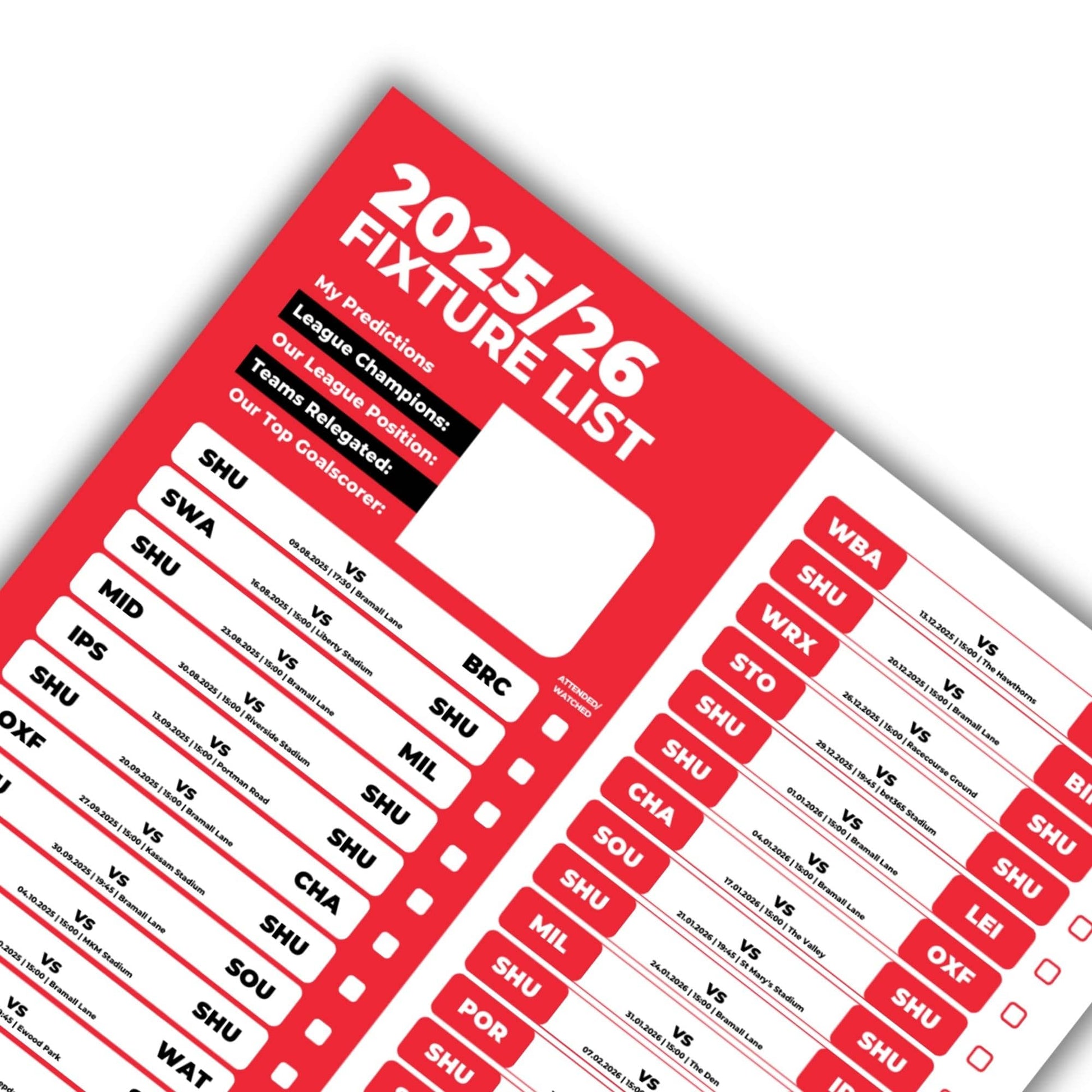 Championship Clubs - 2025/26 Football Fixture Poster - A3 Size (29.7x42cm)