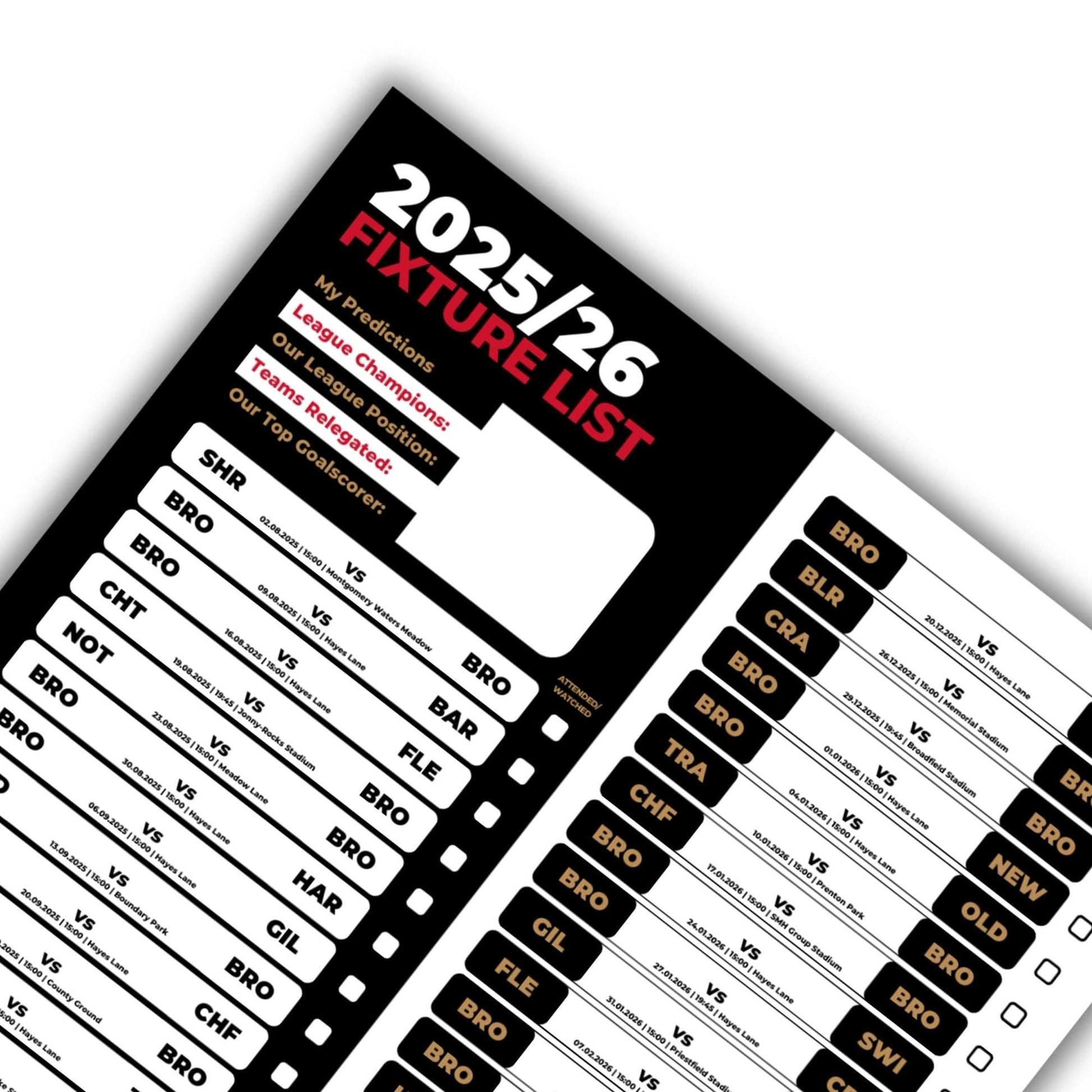 League 2 Clubs - 2025/26 Football Fixture Poster - A3 Size (29.7x42cm)