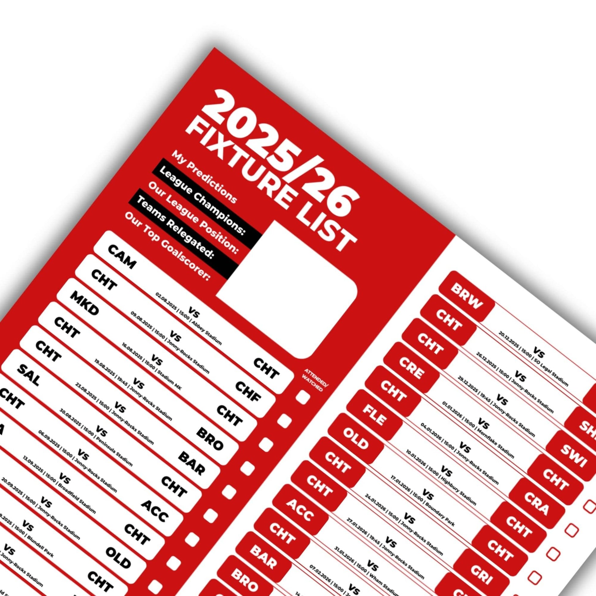 League 2 Clubs - 2025/26 Football Fixture Poster - A3 Size (29.7x42cm)
