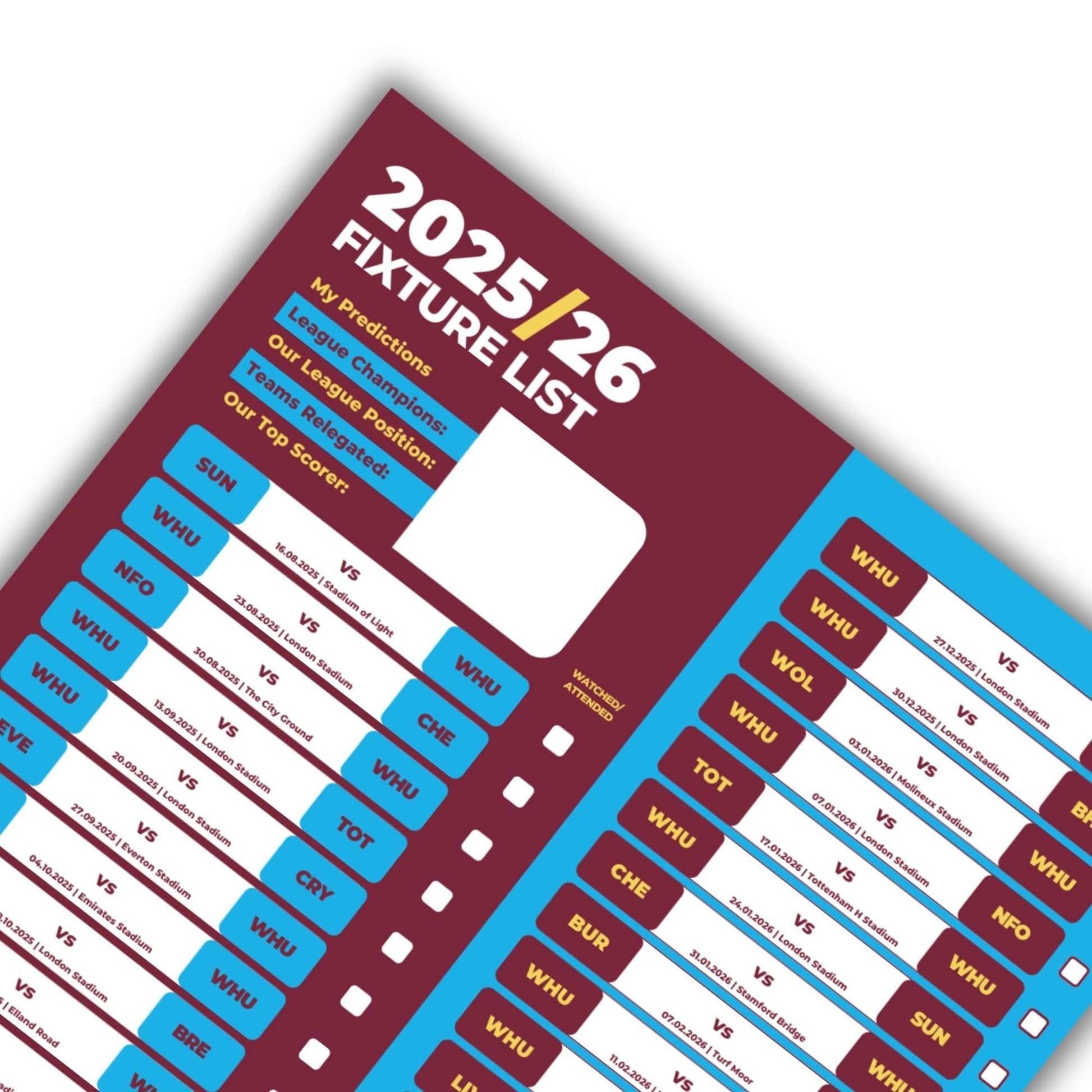 Premier League Clubs - 2025/26 Football Fixture Poster - A3 Size (29.7x42cm)