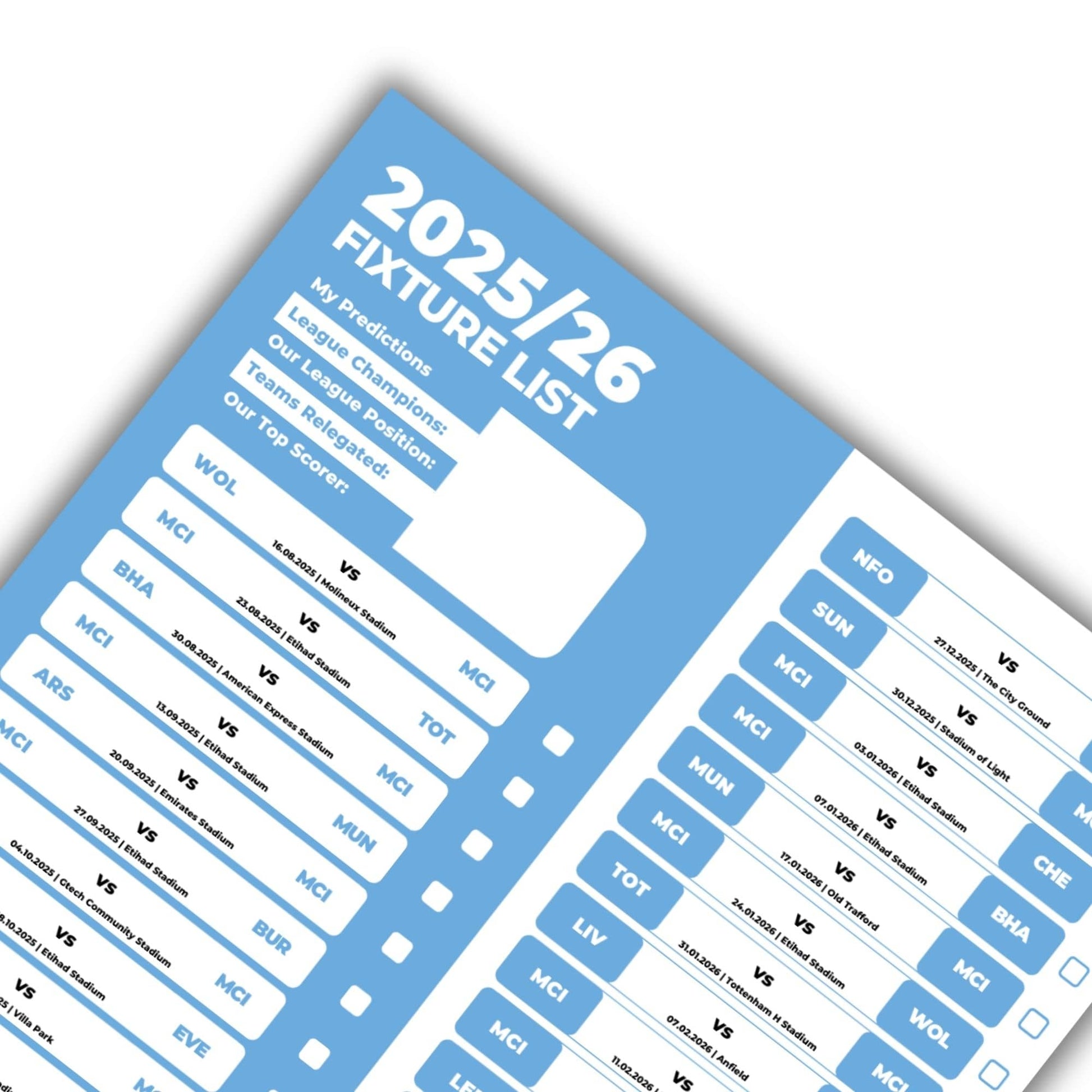 Premier League Clubs - 2025/26 Football Fixture Poster - A3 Size (29.7x42cm)