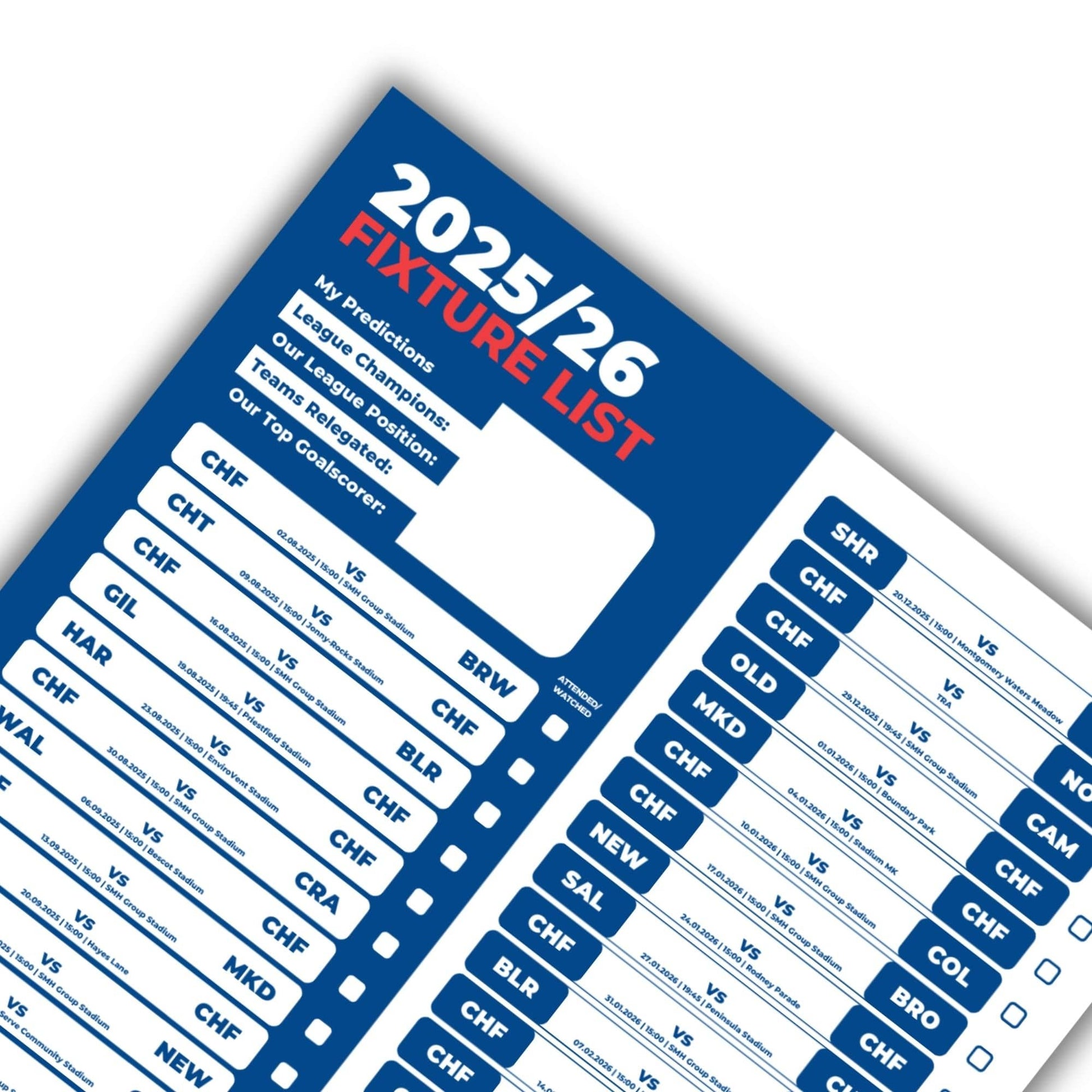 League 2 Clubs - 2025/26 Football Fixture Poster - A3 Size (29.7x42cm)