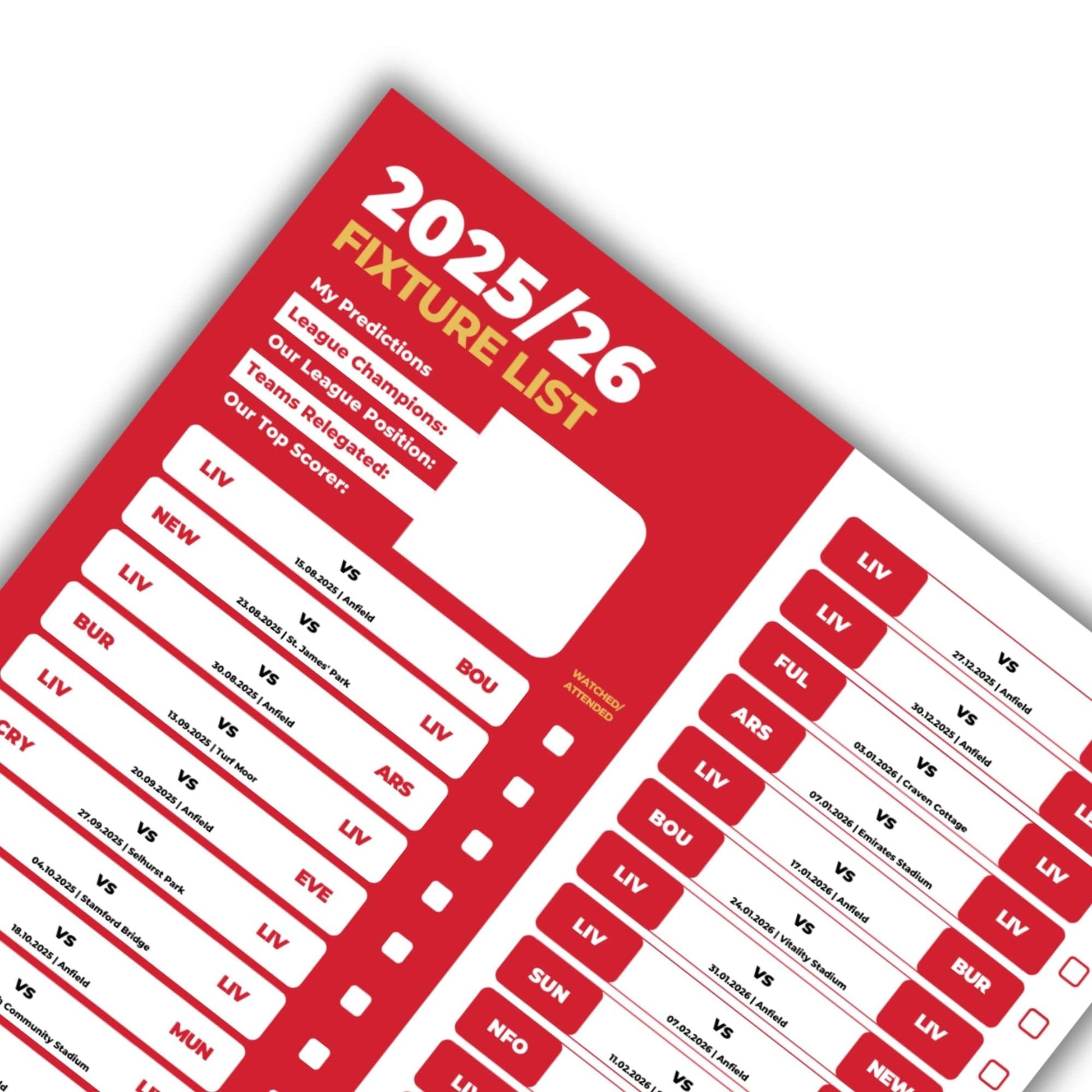 Premier League Clubs - 2025/26 Football Fixture Poster - A3 Size (29.7x42cm)