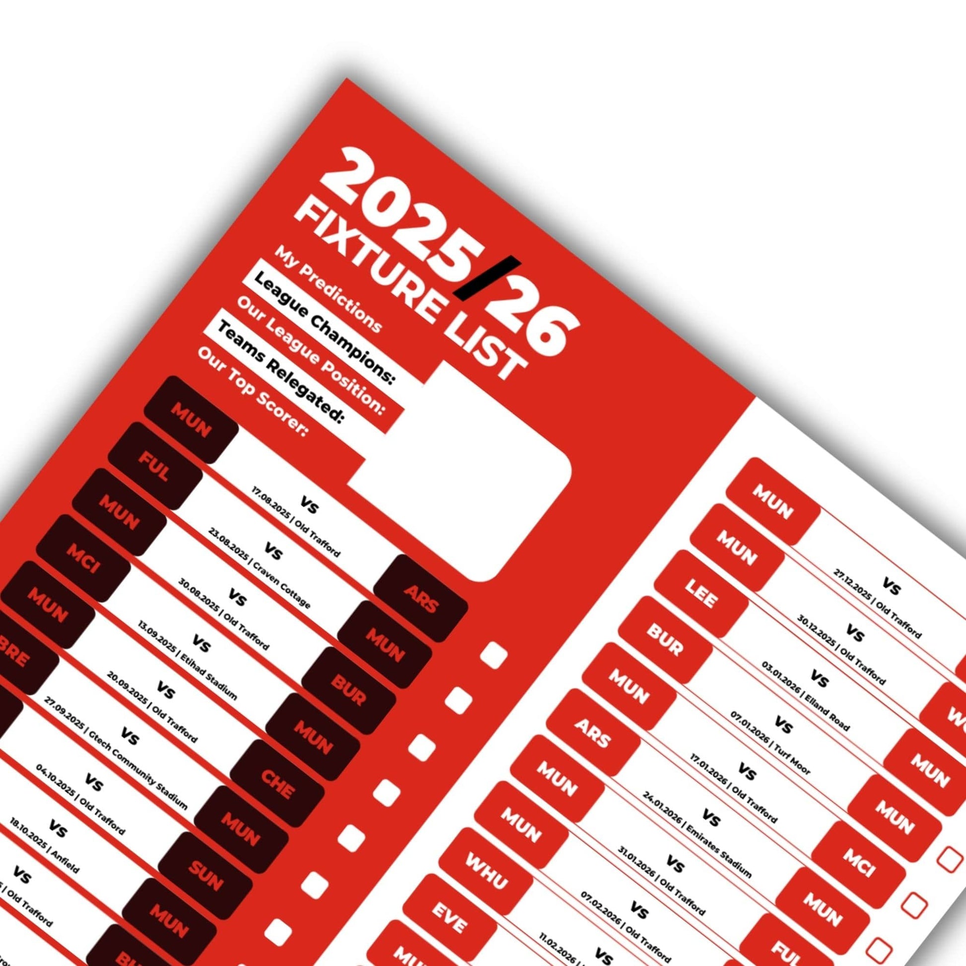 Premier League Clubs - 2025/26 Football Fixture Poster - A3 Size (29.7x42cm)