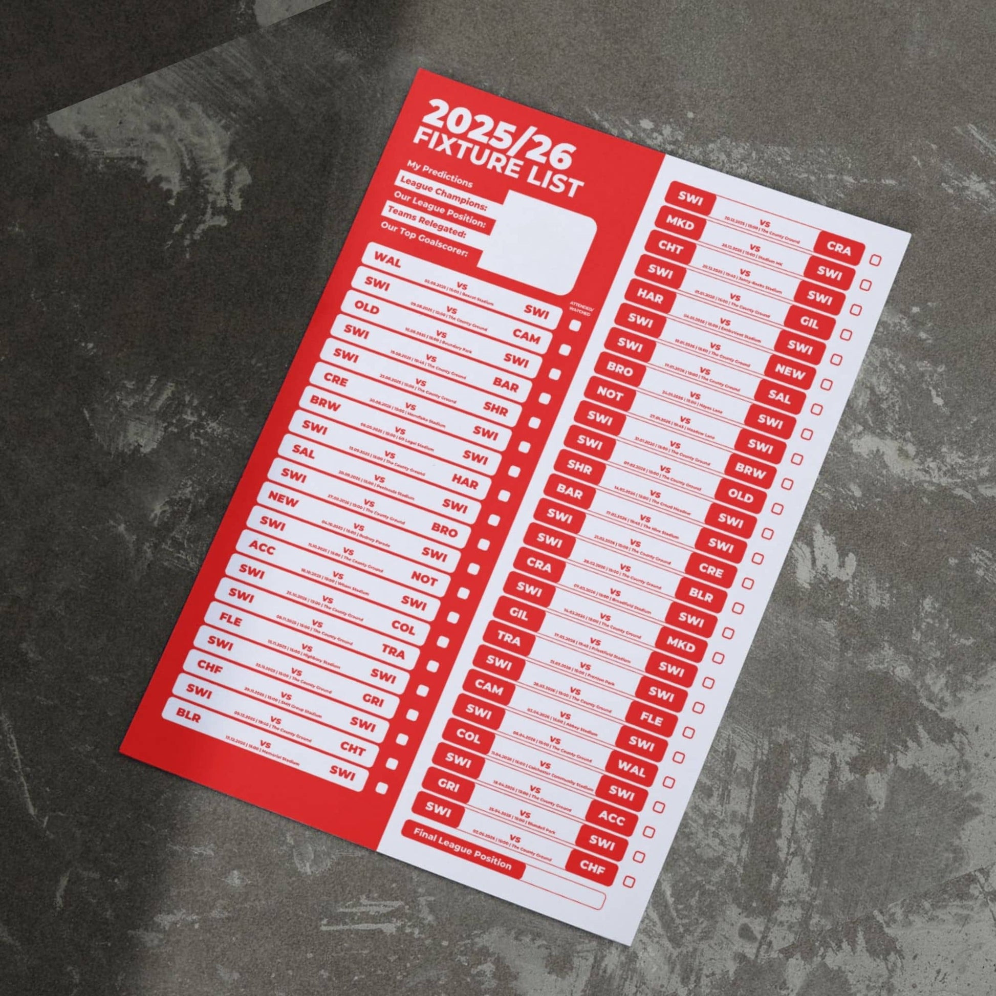 League 2 Clubs - 2025/26 Football Fixture Poster - A3 Size (29.7x42cm)