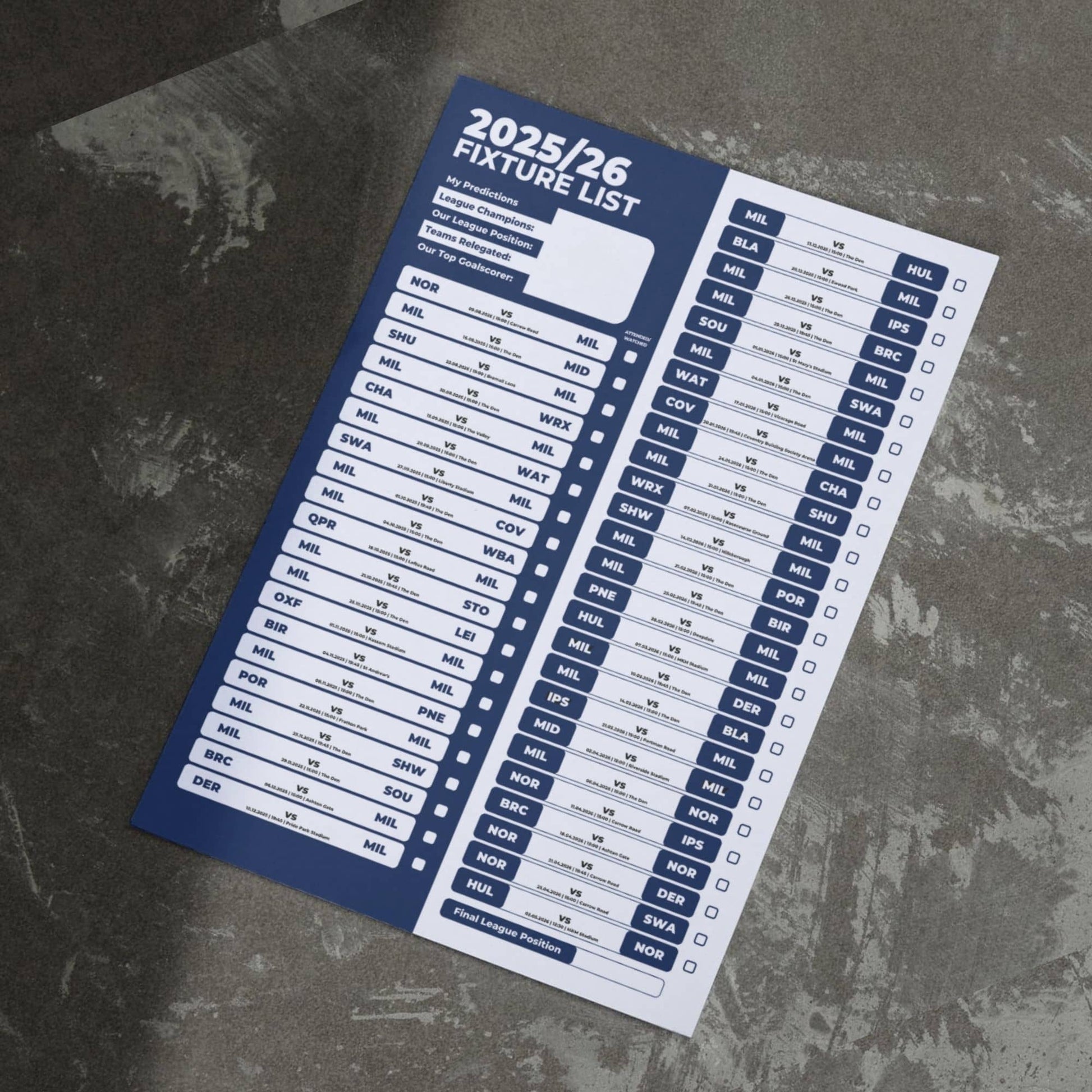 Championship Clubs - 2025/26 Football Fixture Poster - A3 Size (29.7x42cm)