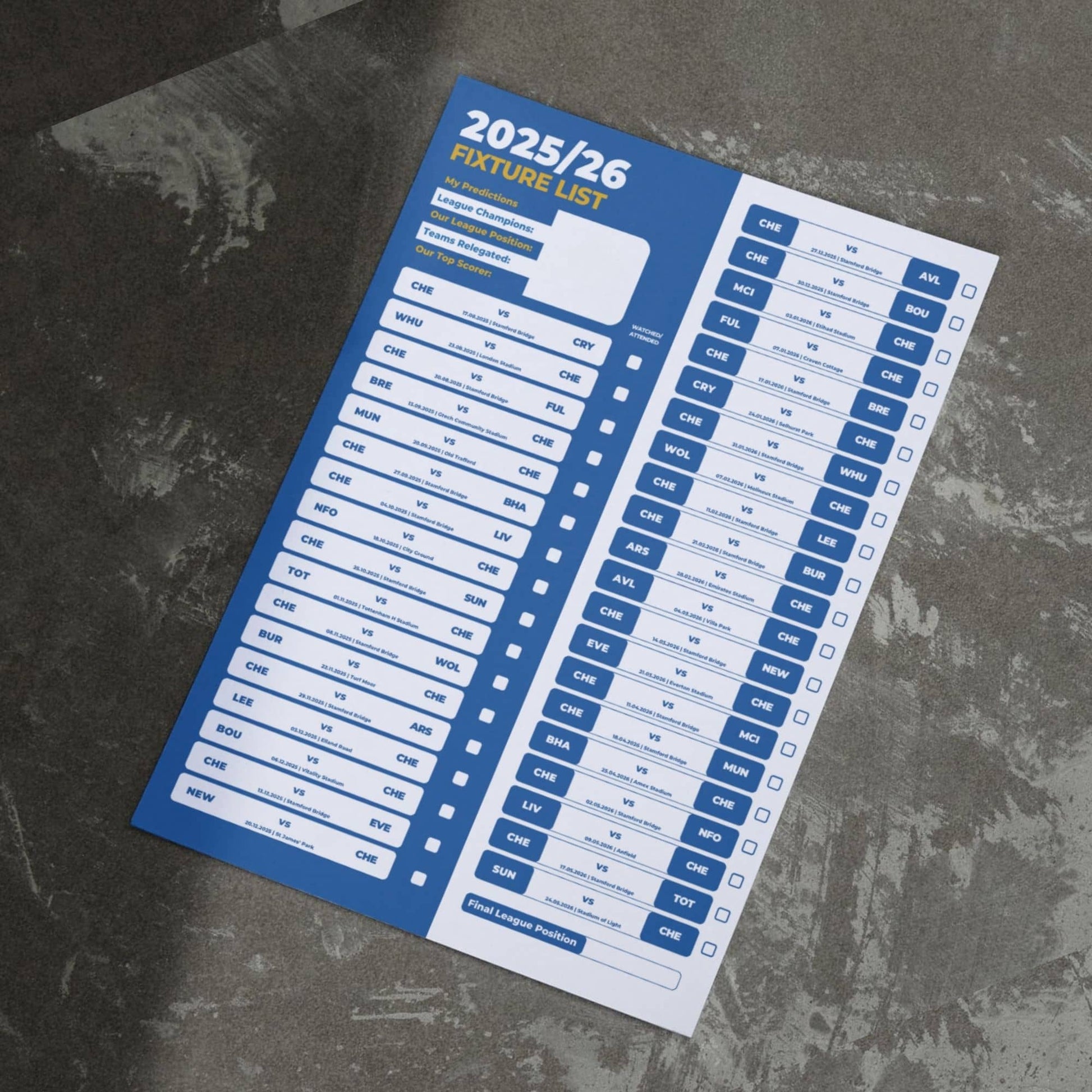 Premier League Clubs - 2025/26 Football Fixture Poster - A3 Size (29.7x42cm)