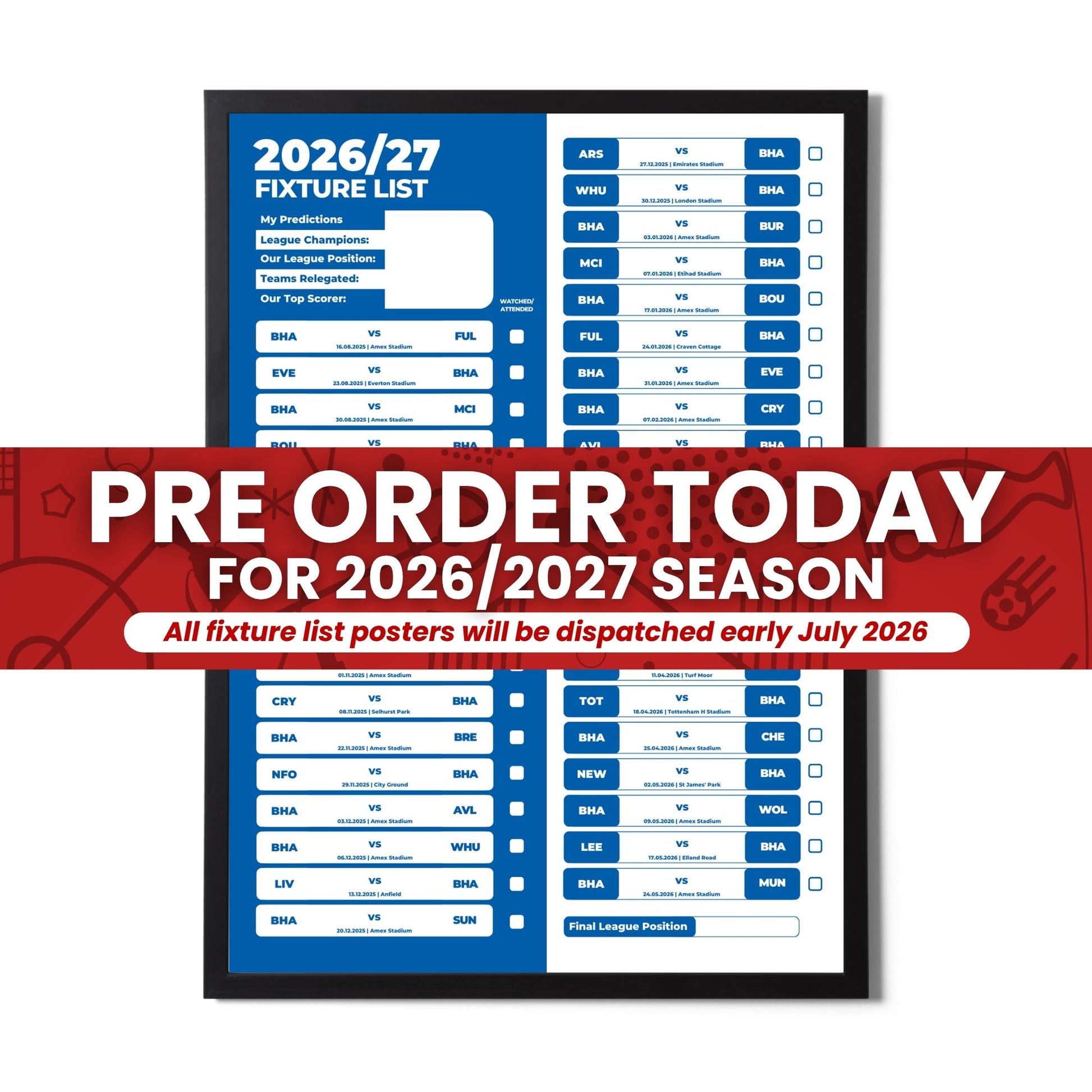 Pre Order Premier League Clubs - 2026/27 Fixture Poster