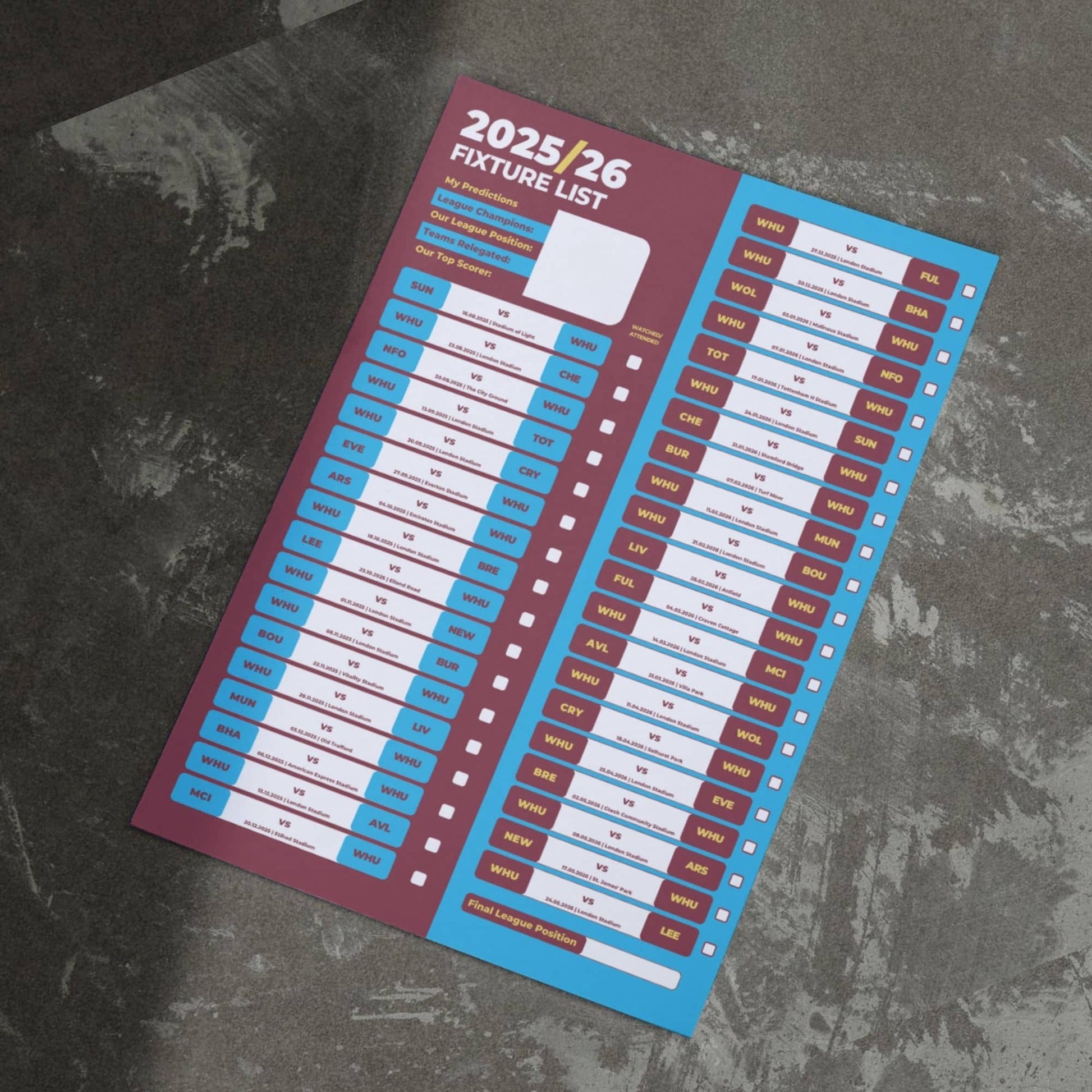 Premier League Clubs - 2025/26 Football Fixture Poster - A3 Size (29.7x42cm)