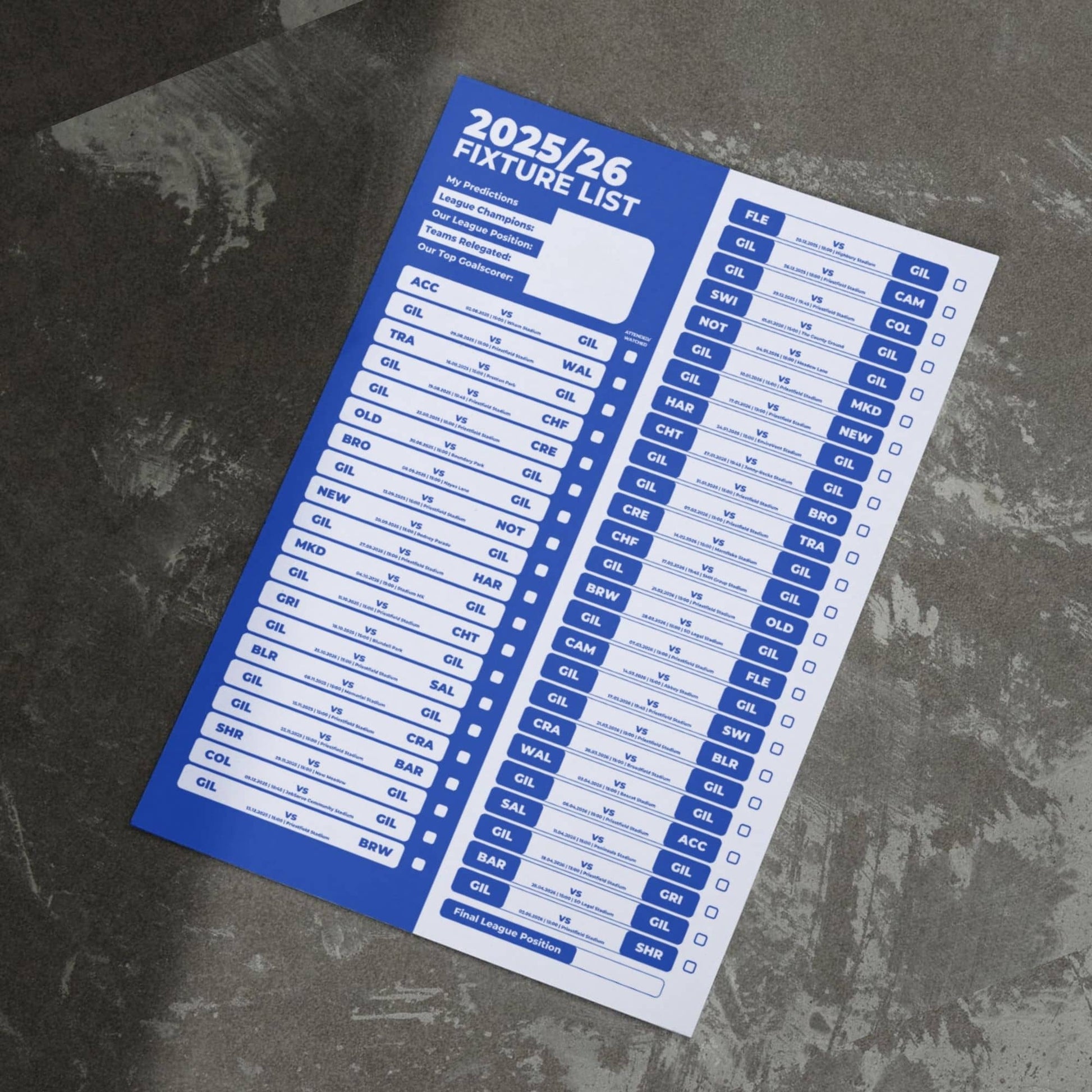 League 2 Clubs - 2025/26 Football Fixture Poster - A3 Size (29.7x42cm)
