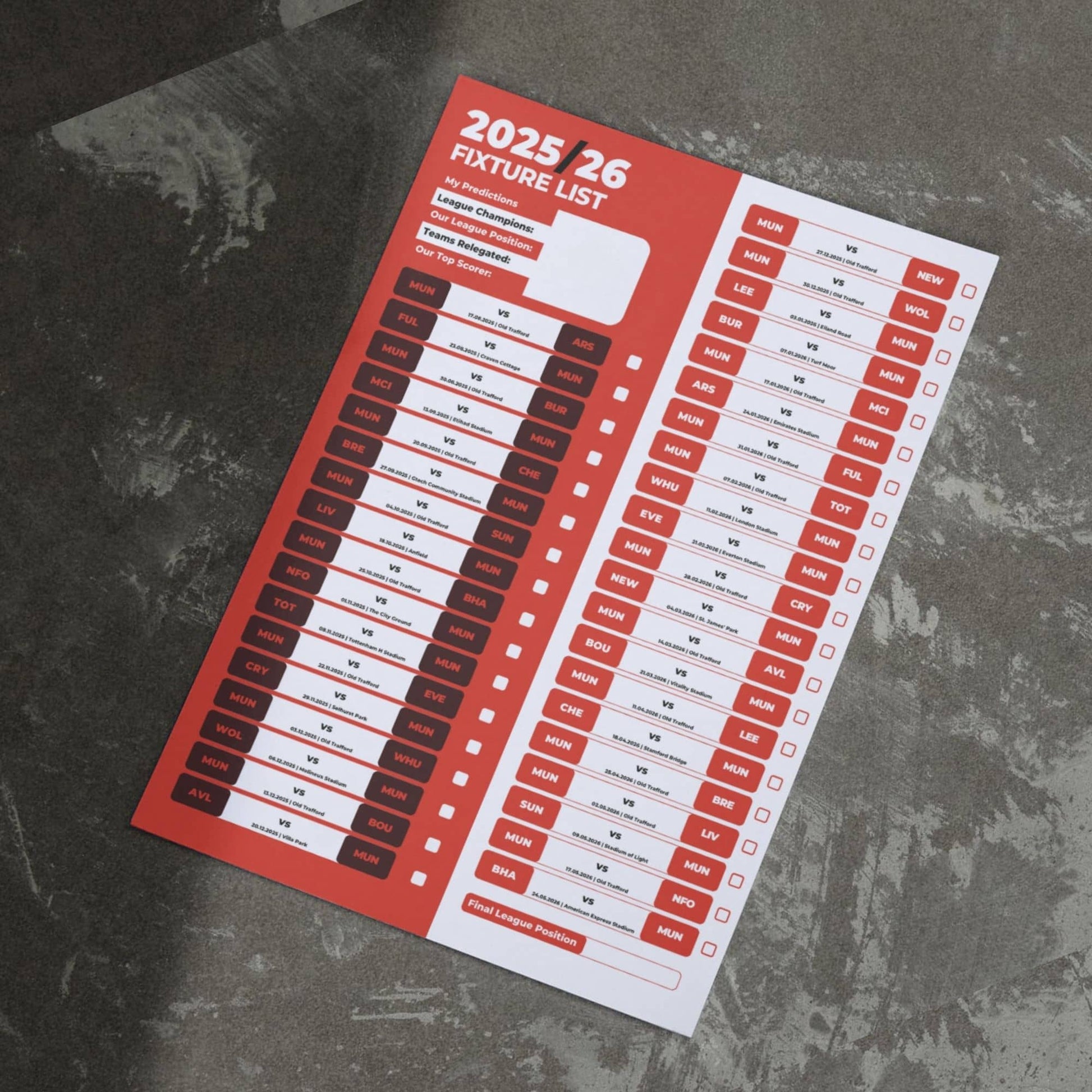 Premier League Clubs - 2025/26 Football Fixture Poster - A3 Size (29.7x42cm)