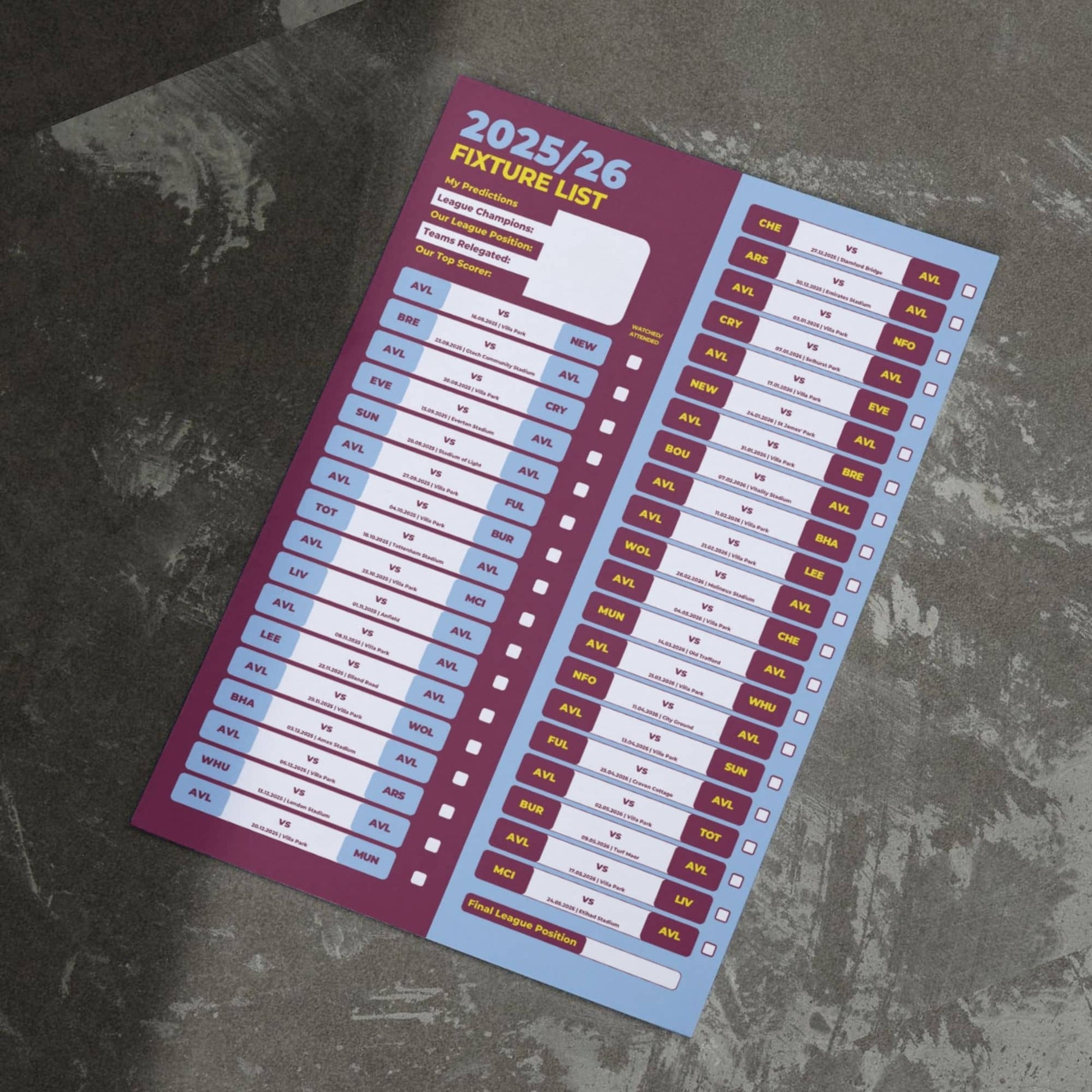 Premier League Clubs - 2025/26 Football Fixture Poster - A3 Size (29.7x42cm)