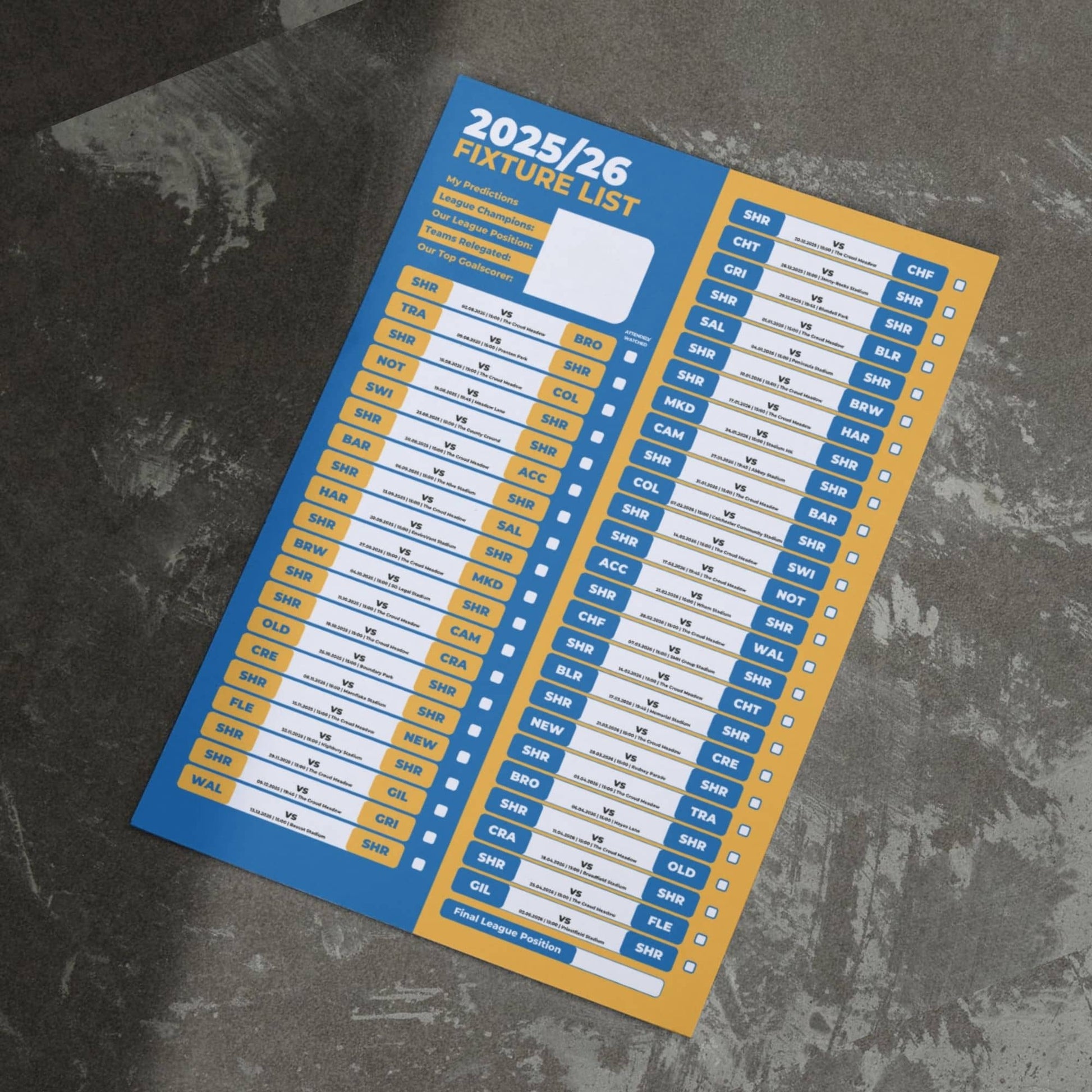 League 2 Clubs - 2025/26 Football Fixture Poster - A3 Size (29.7x42cm)