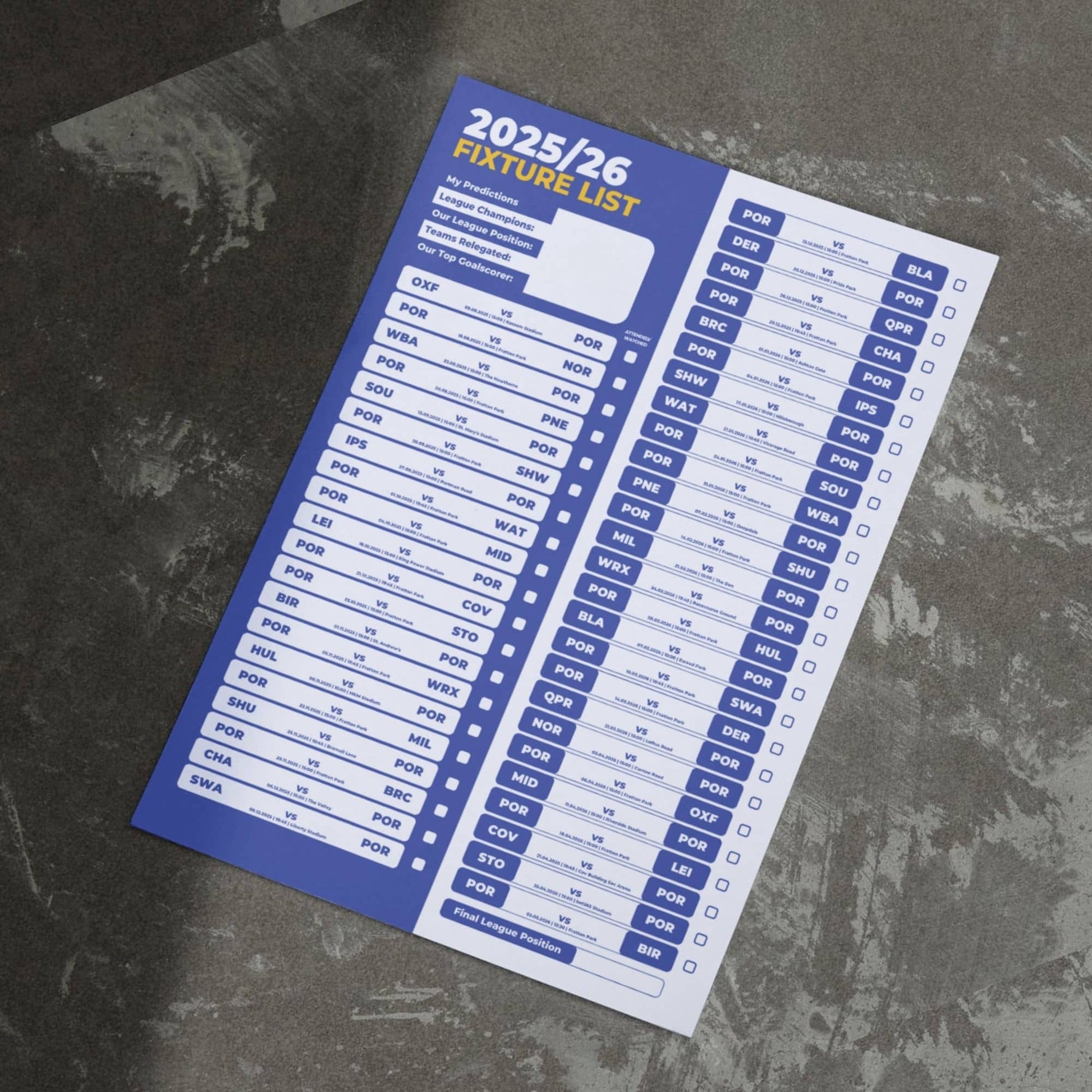 Championship Clubs - 2025/26 Football Fixture Poster - A3 Size (29.7x42cm)