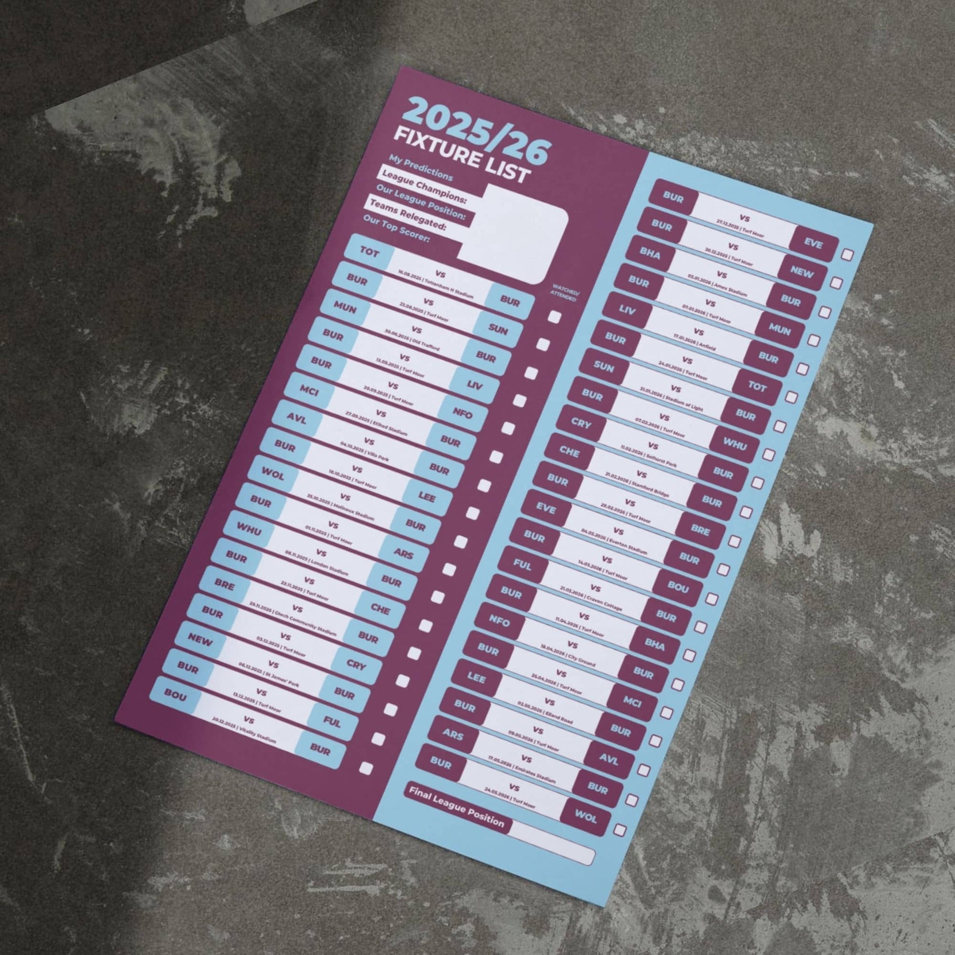 Premier League Clubs - 2025/26 Football Fixture Poster - A3 Size (29.7x42cm)