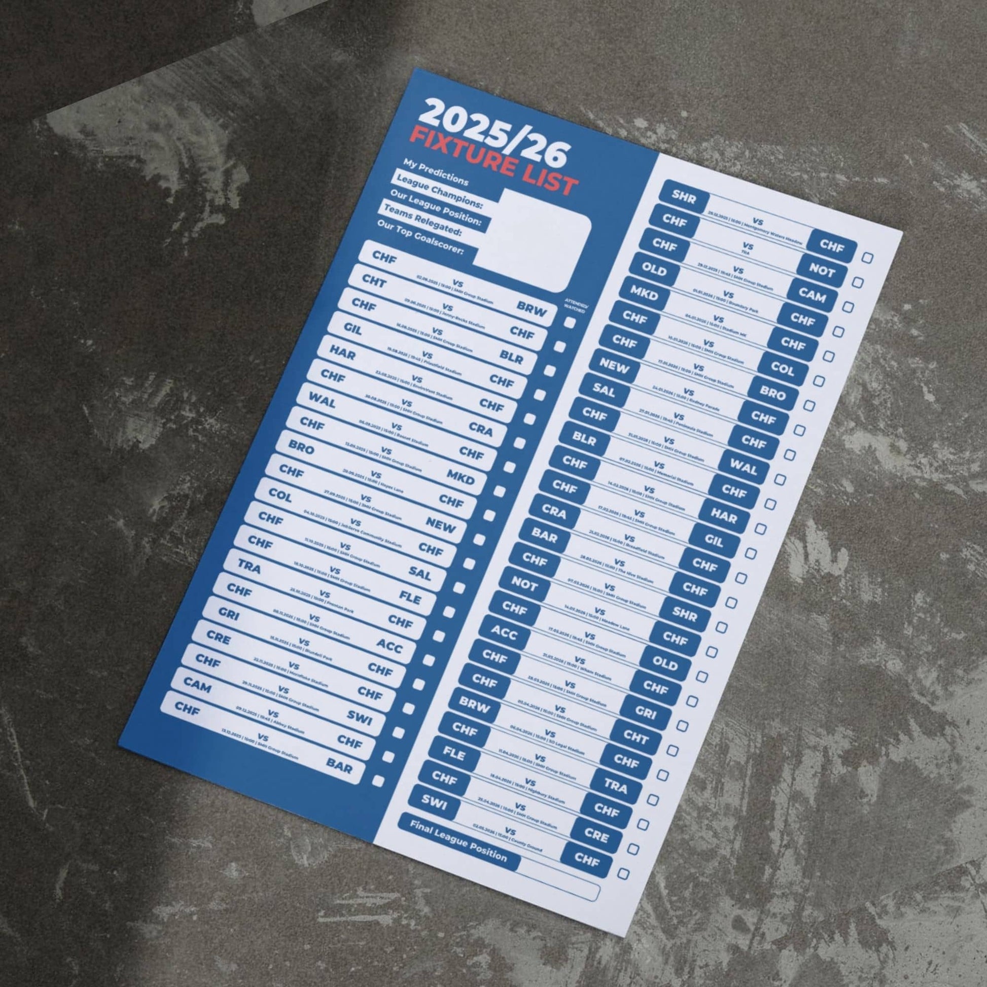 League 2 Clubs - 2025/26 Football Fixture Poster - A3 Size (29.7x42cm)