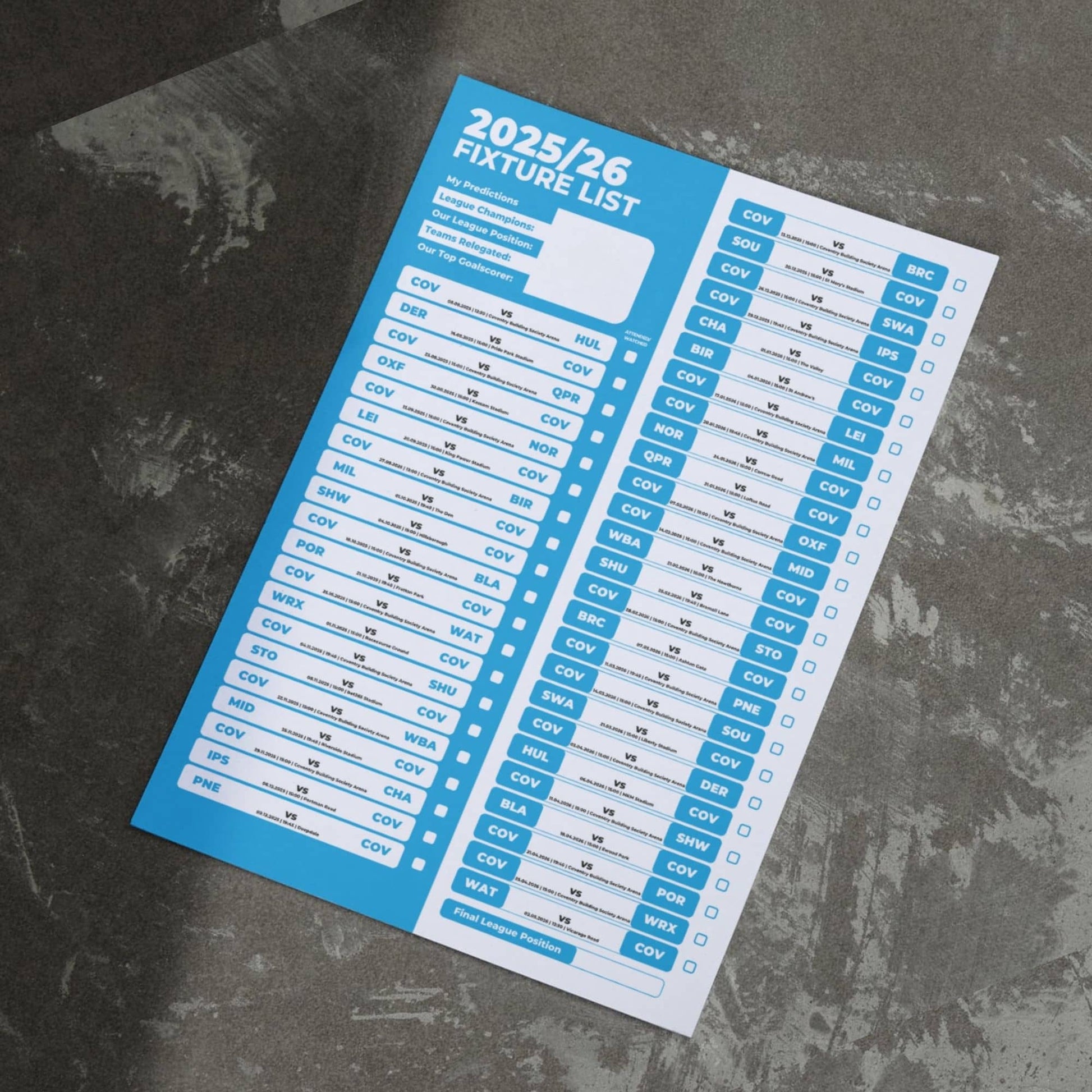 Championship Clubs - 2025/26 Football Fixture Poster - A3 Size (29.7x42cm)