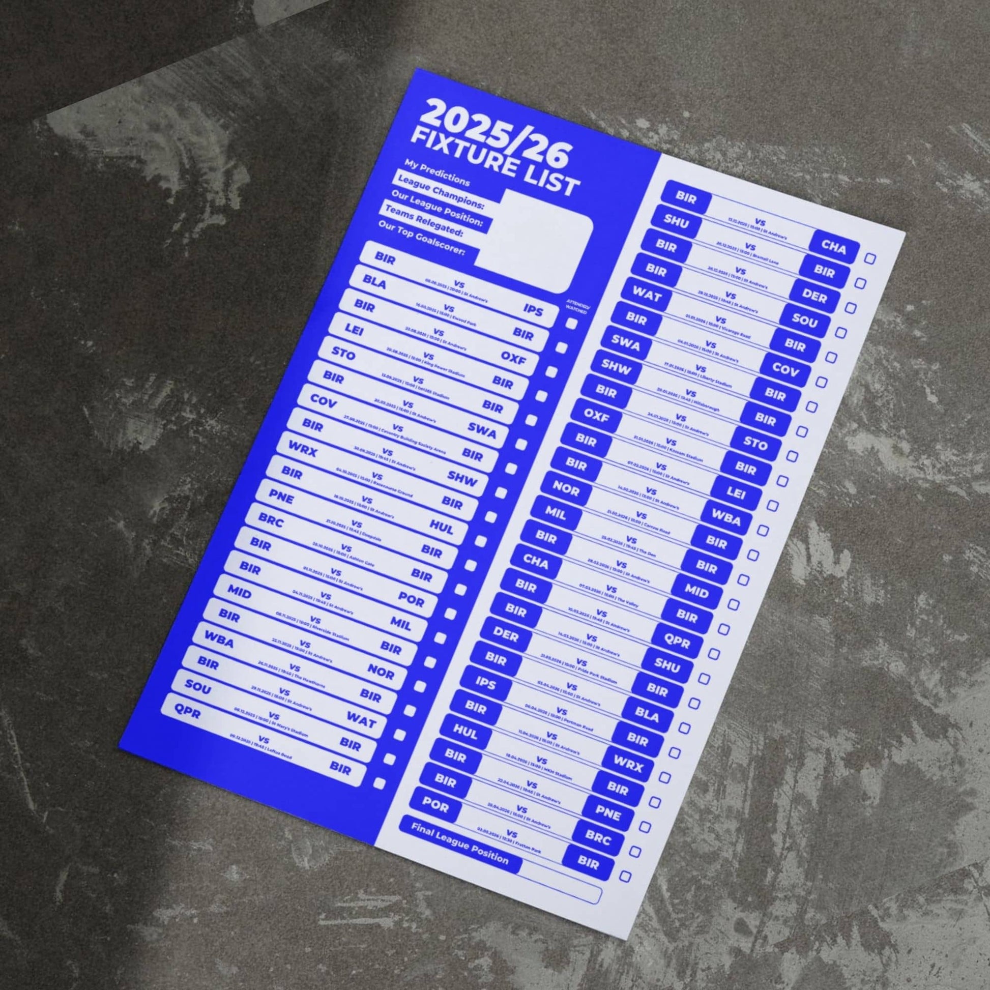 Championship Clubs - 2025/26 Football Fixture Poster - A3 Size (29.7x42cm)