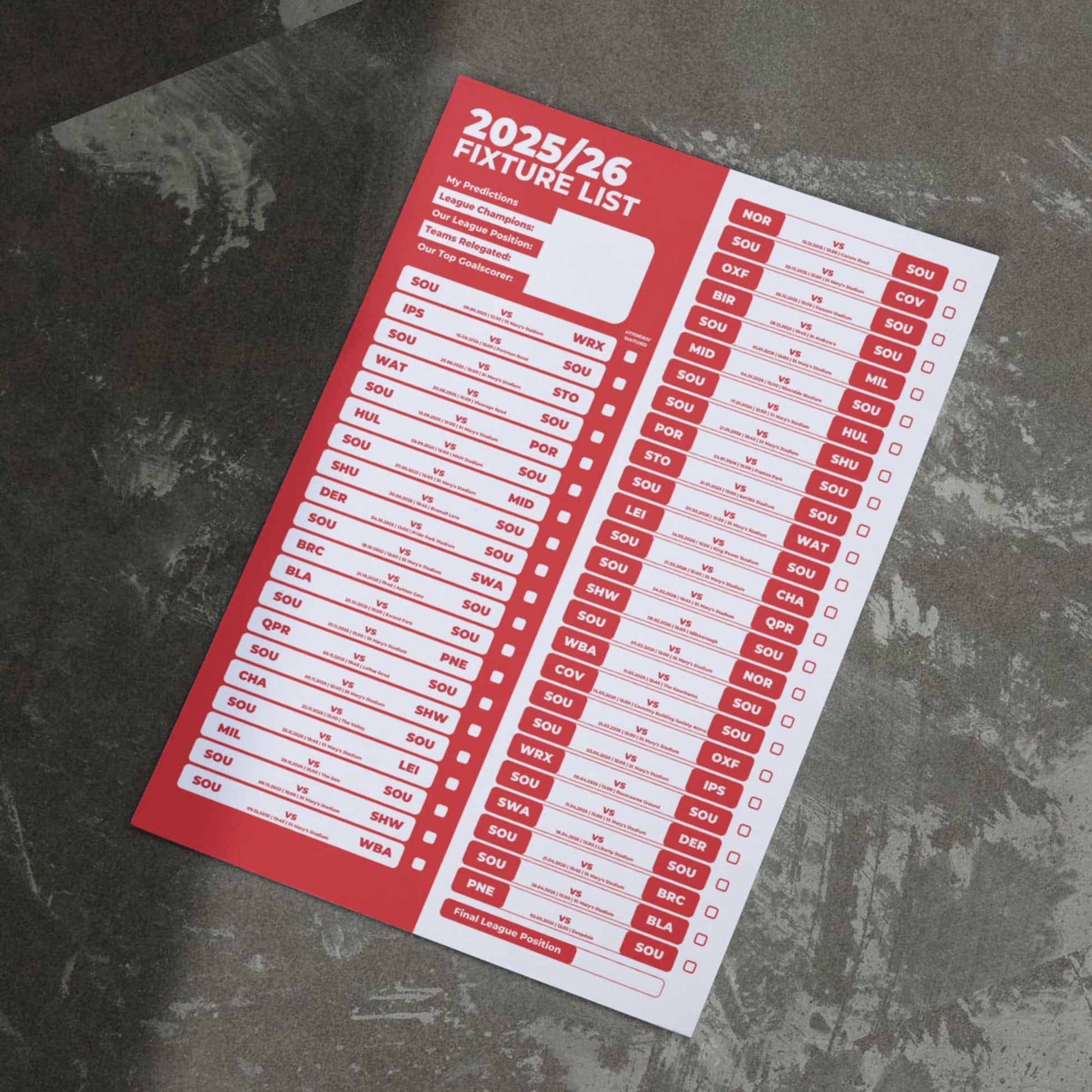 Championship Clubs - 2025/26 Football Fixture Poster - A3 Size (29.7x42cm)