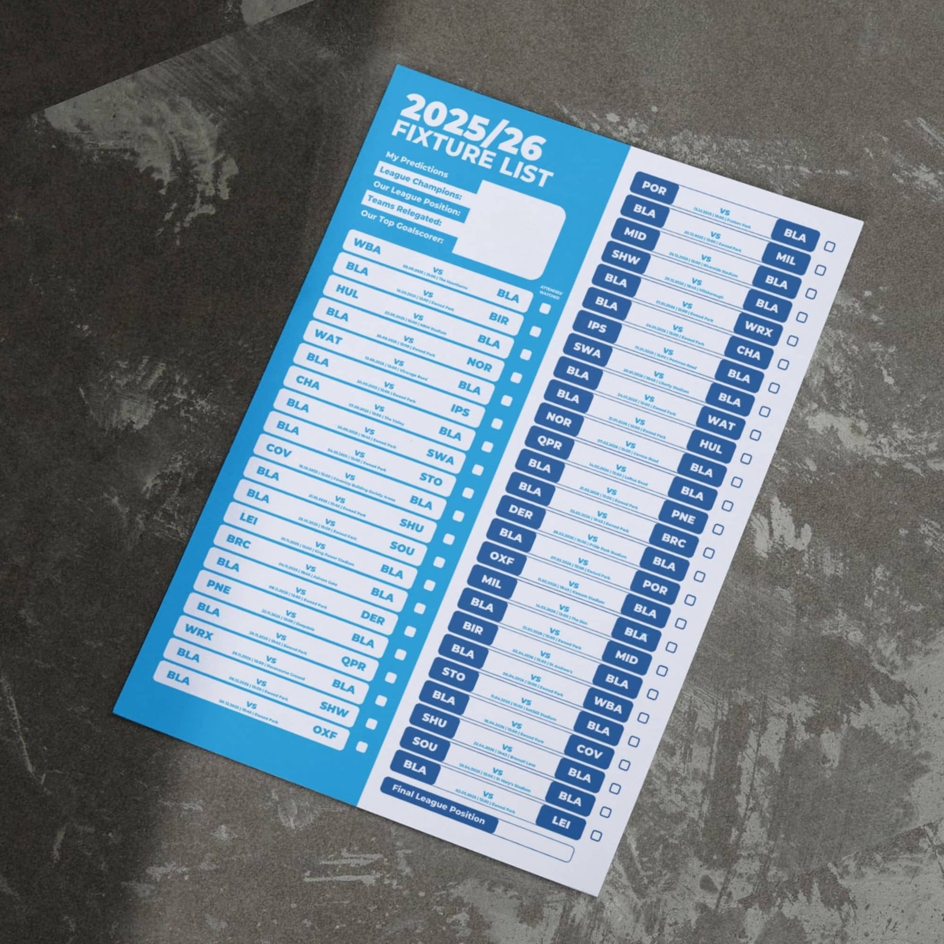 Championship Clubs - 2025/26 Football Fixture Poster - A3 Size (29.7x42cm)