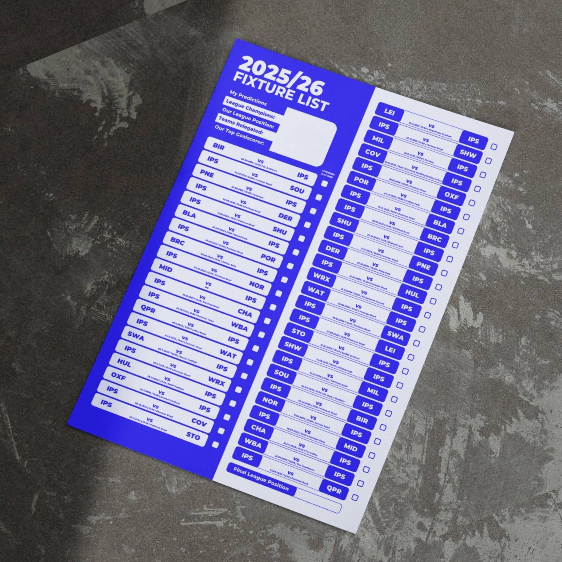 Championship Clubs - 2025/26 Football Fixture Poster - A3 Size (29.7x42cm)