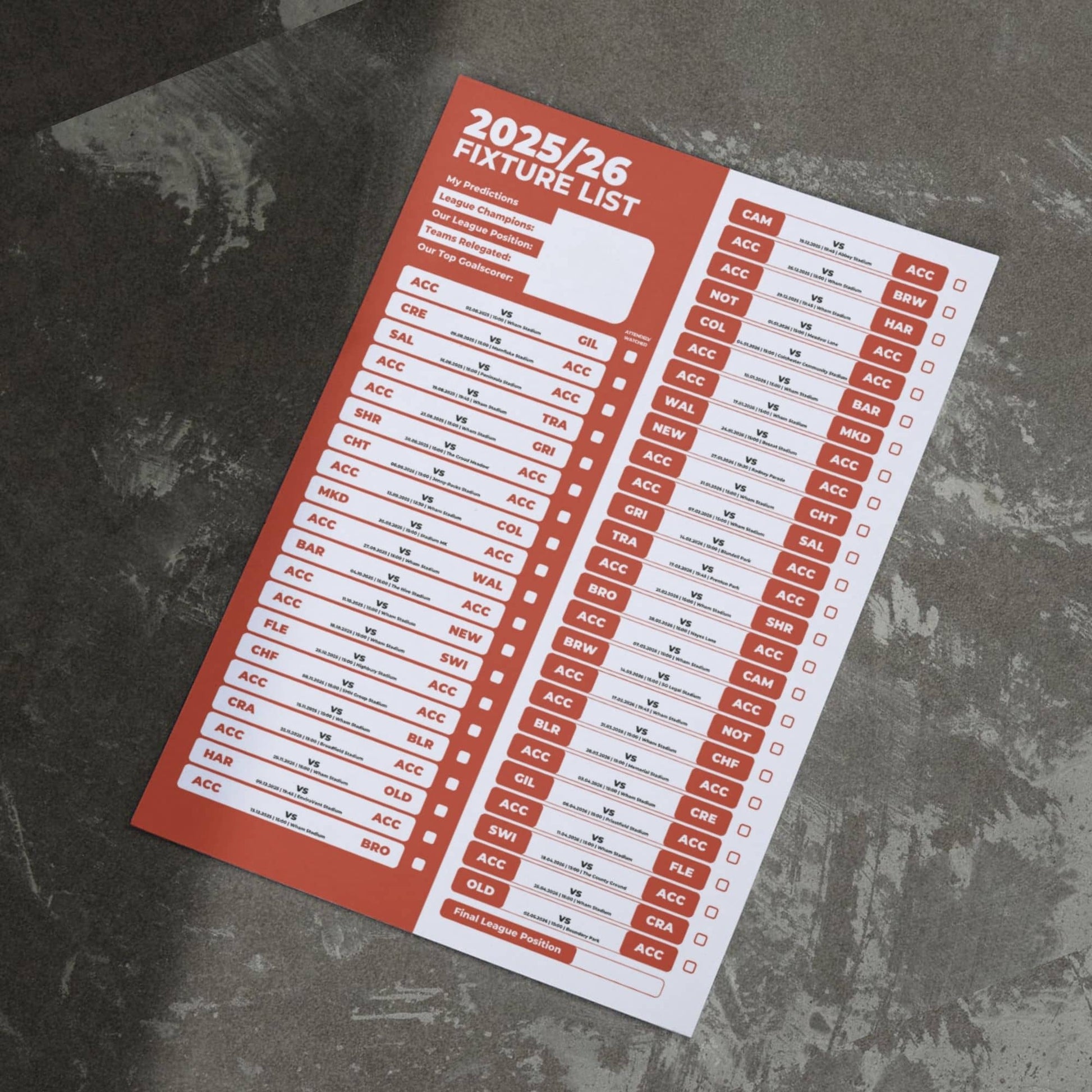 League 2 Clubs - 2025/26 Football Fixture Poster - A3 Size (29.7x42cm)