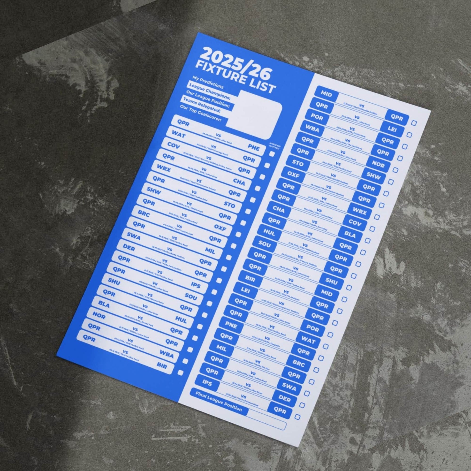 Championship Clubs - 2025/26 Football Fixture Poster - A3 Size (29.7x42cm)