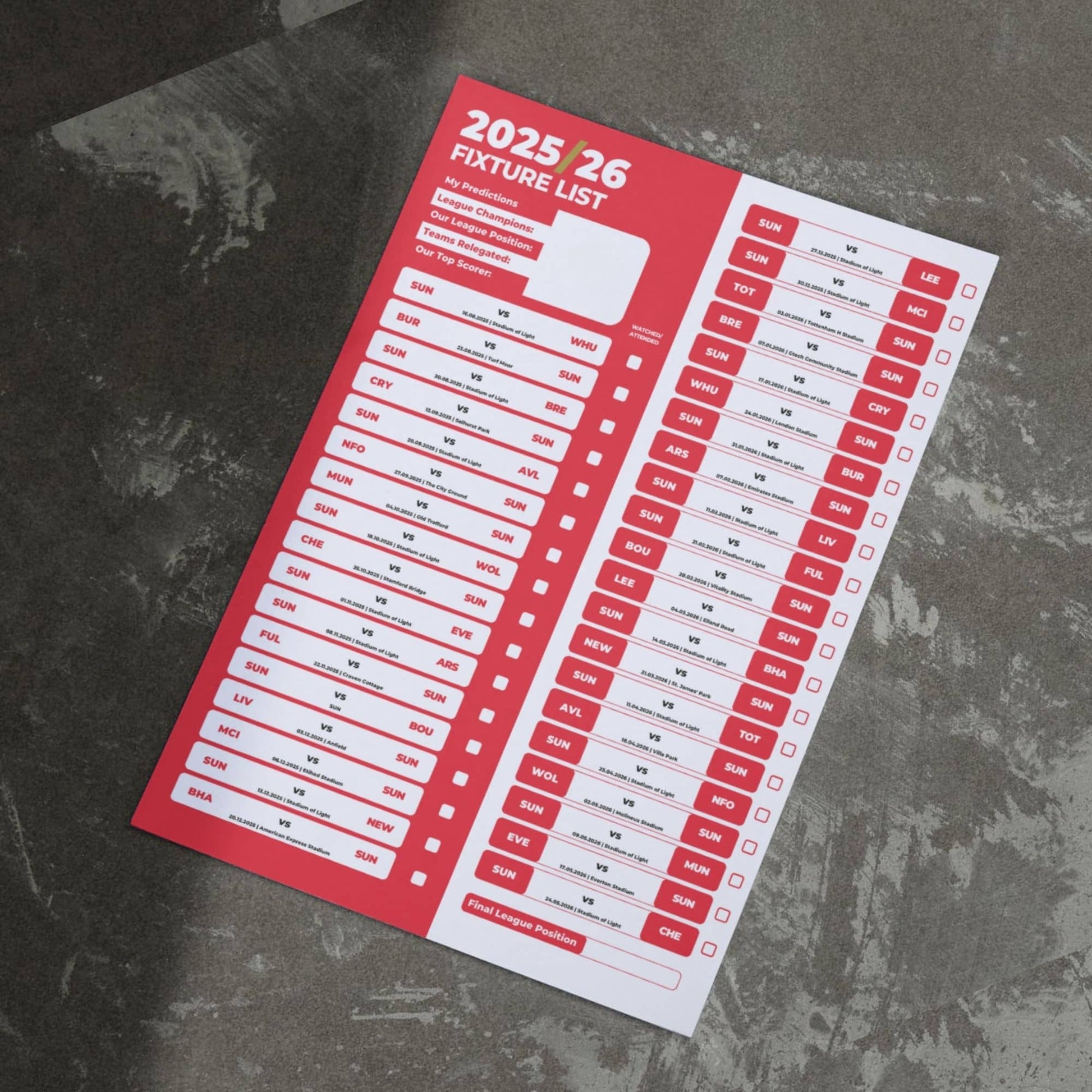 Premier League Clubs - 2025/26 Football Fixture Poster - A3 Size (29.7x42cm)