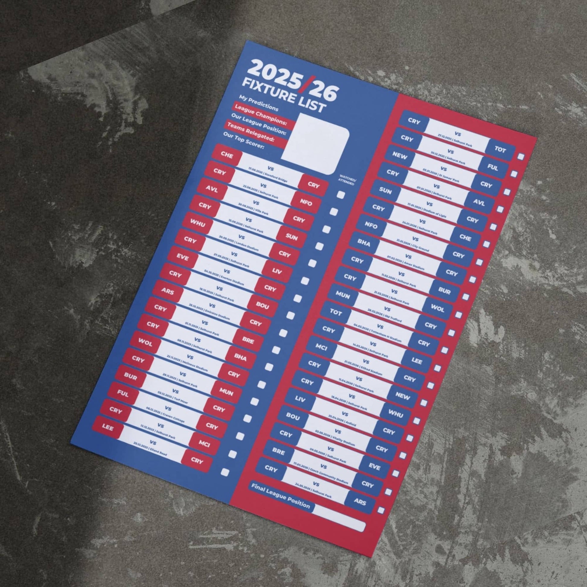 Premier League Clubs - 2025/26 Football Fixture Poster - A3 Size (29.7x42cm)