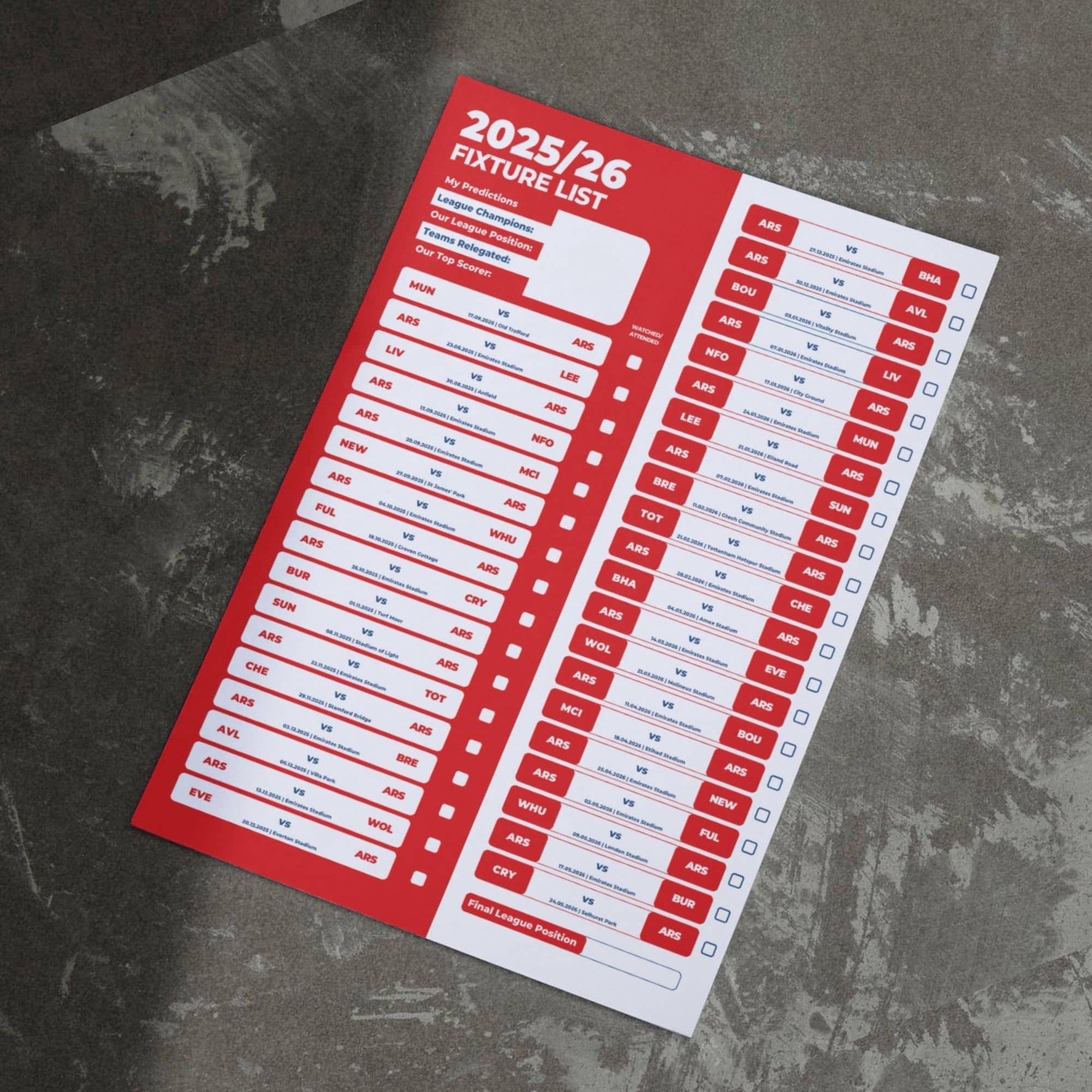 Premier League Clubs - 2025/26 Football Fixture Poster - A3 Size (29.7x42cm)