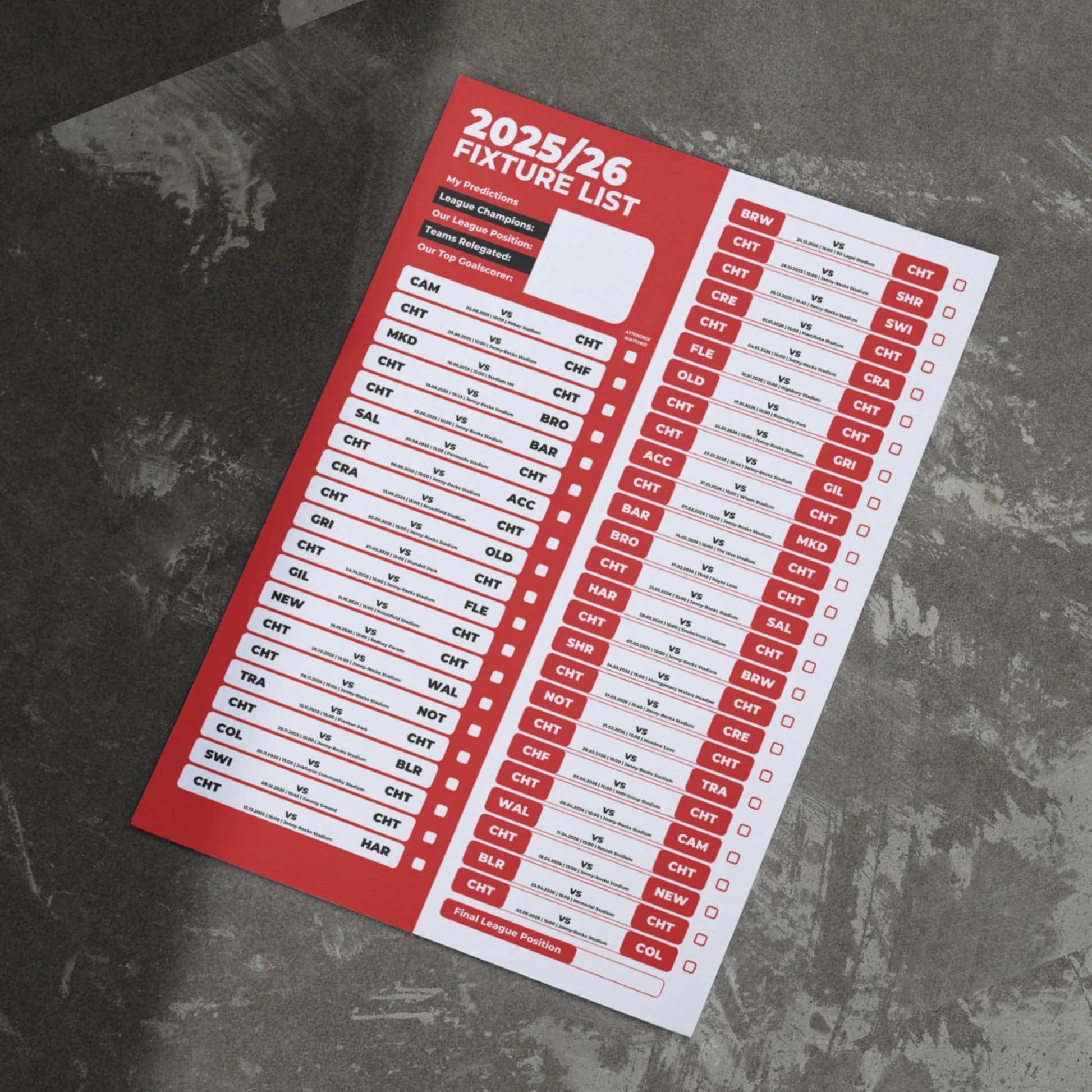 League 2 Clubs - 2025/26 Football Fixture Poster - A3 Size (29.7x42cm)