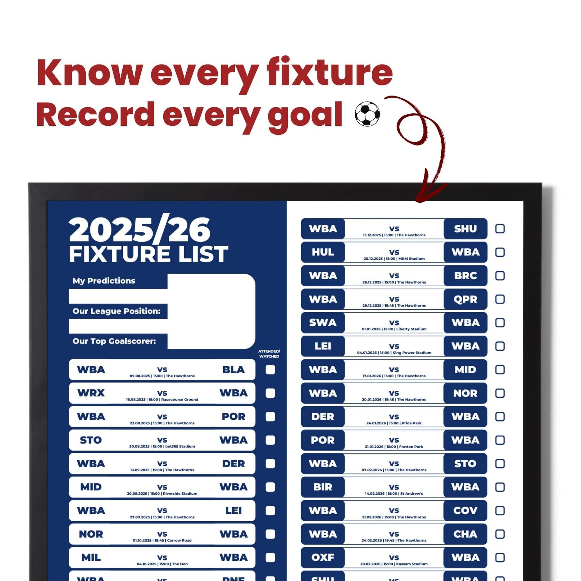 Championship Clubs - 2025/26 Football Fixture Poster - A3 Size (29.7x42cm)